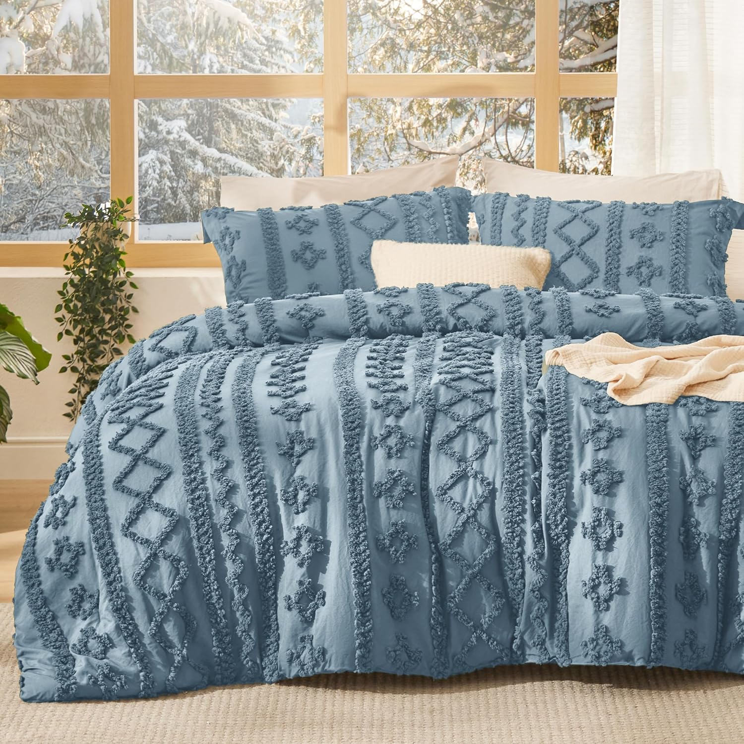 Bedsure Tufted Boho Comforter Set Queen Size - Linen Boho Bed Set, GentleSoft™ 3 Pieces Farmhouse-Style Embroidery Bedding, Gifts for Woman