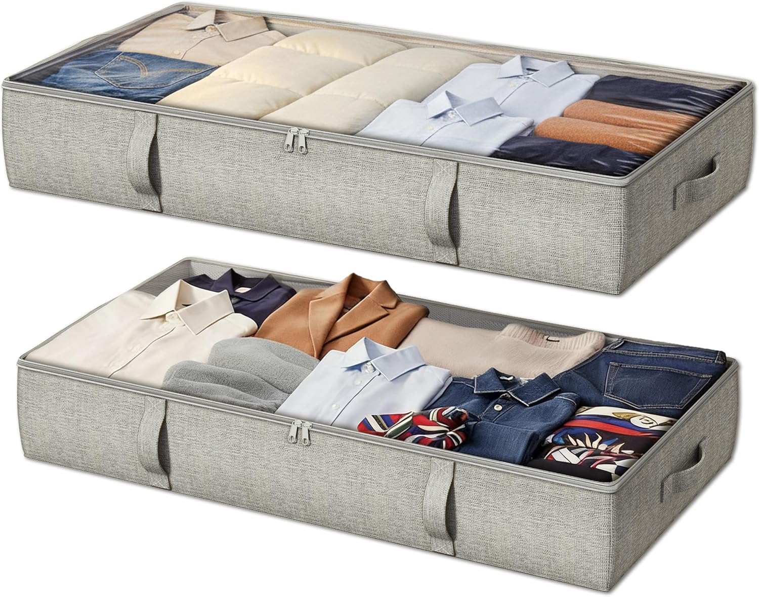 TidyCorner 2-Pack Under Bed Storage, 6 Inches Tall Closet Organizers and Storage Bins with Sturdy Sidewalls/Bottom/4 Handles, Beige