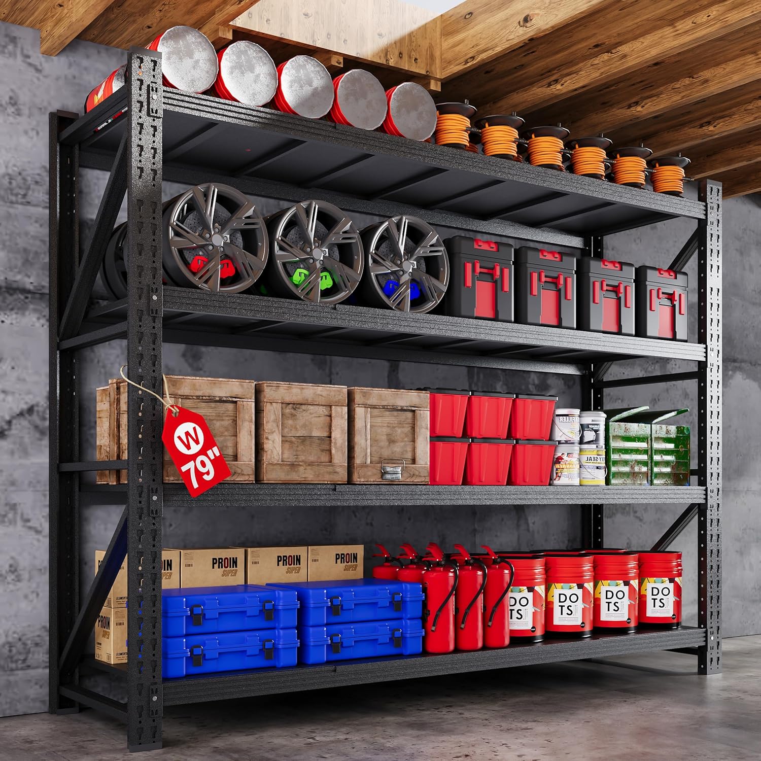 79"W Garage Shelving Heavy Duty, 6000LBS Metal Storage Shelves, 24" Deep Storage rack shelf, Steel Tall Industrial Shelving