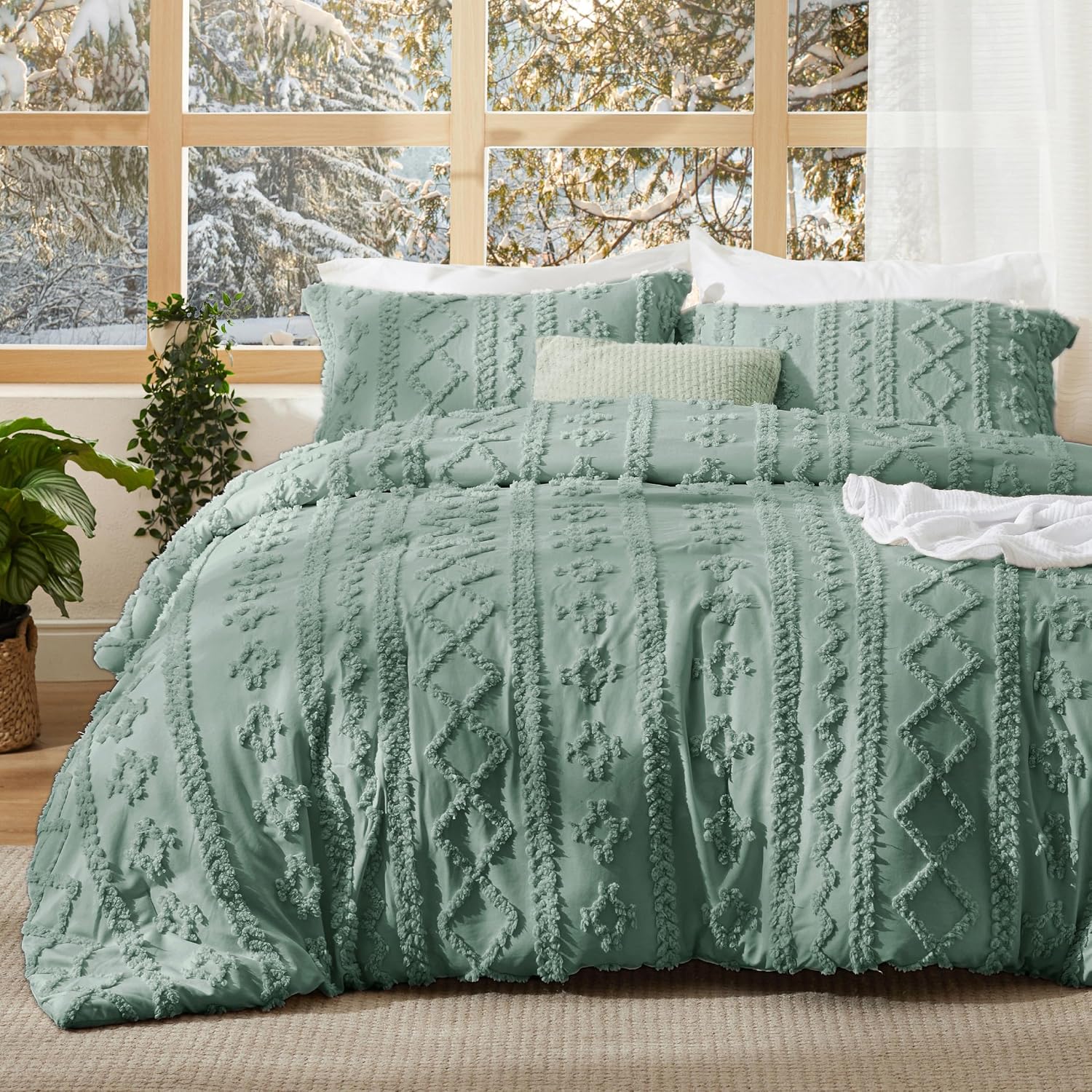 Bedsure Tufted Boho Comforter Set Queen Size - Linen Boho Bed Set, GentleSoft™ 3 Pieces Farmhouse-Style Embroidery Bedding, Gifts for Woman