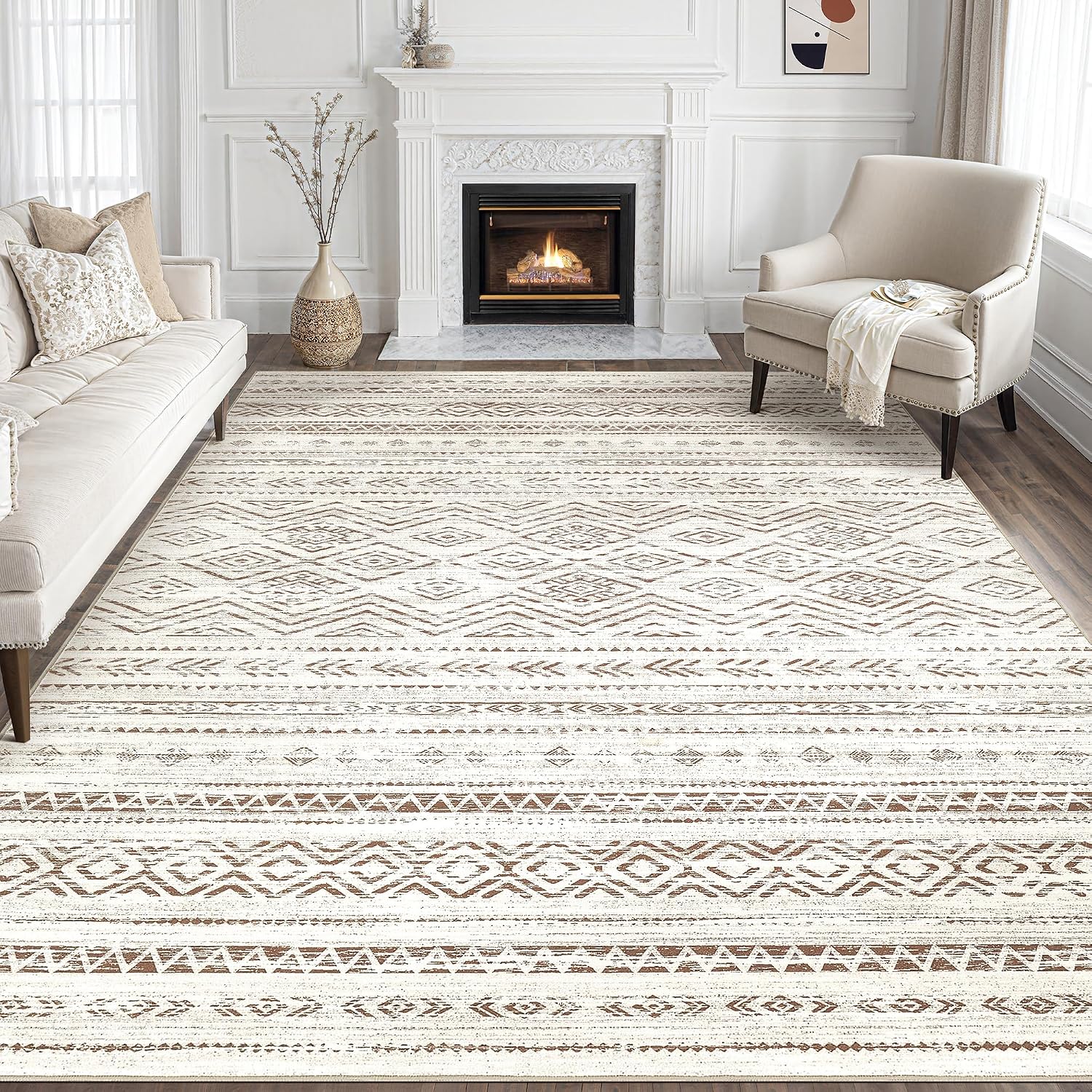 Tortania Area Rug Living Room Rugs - 10x12 Washable Large Soft Neutral Boho Moroccan Bohemian Farmhouse Rug Indoor Floor Carpet for Bedroom Under