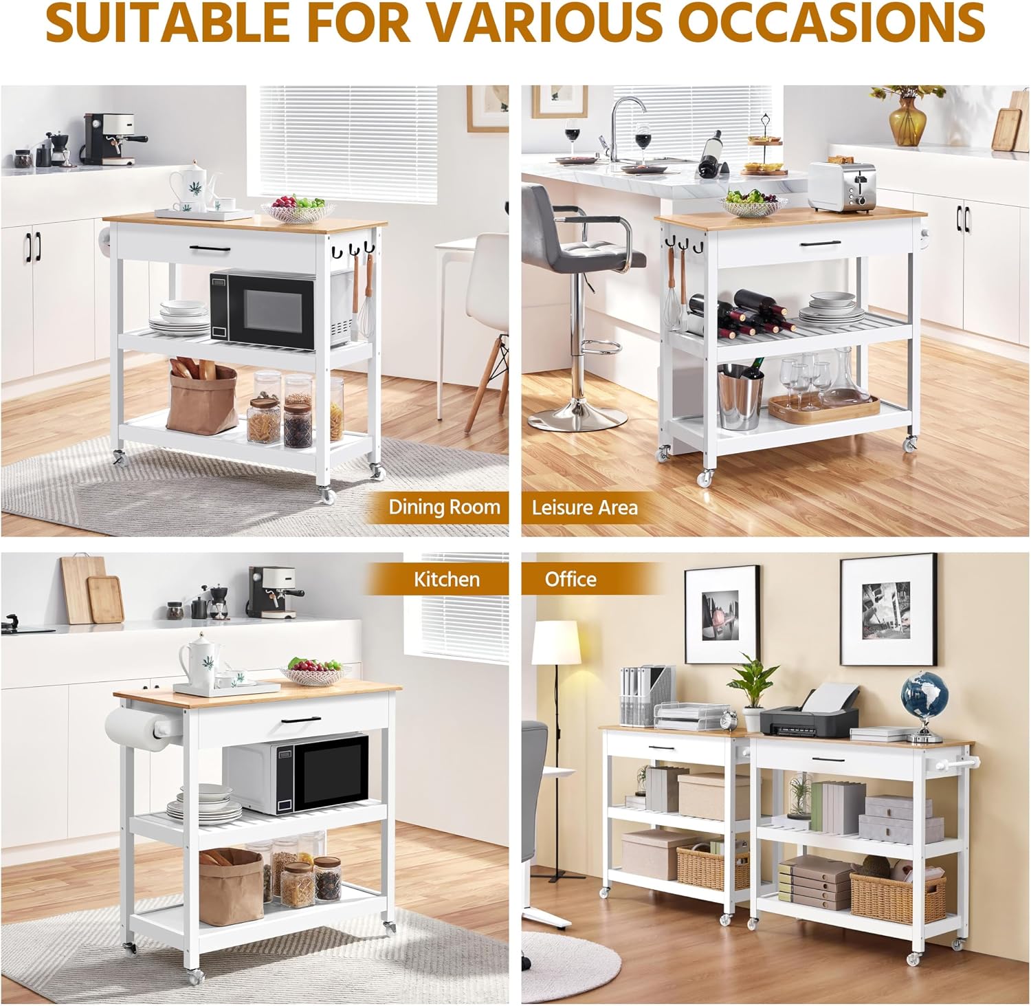 Yaheetech Rolling Kitchen Island Cart with 3 Shelves Lockable Wheels, White, Solid Wood Small Kitchen Island with Storage