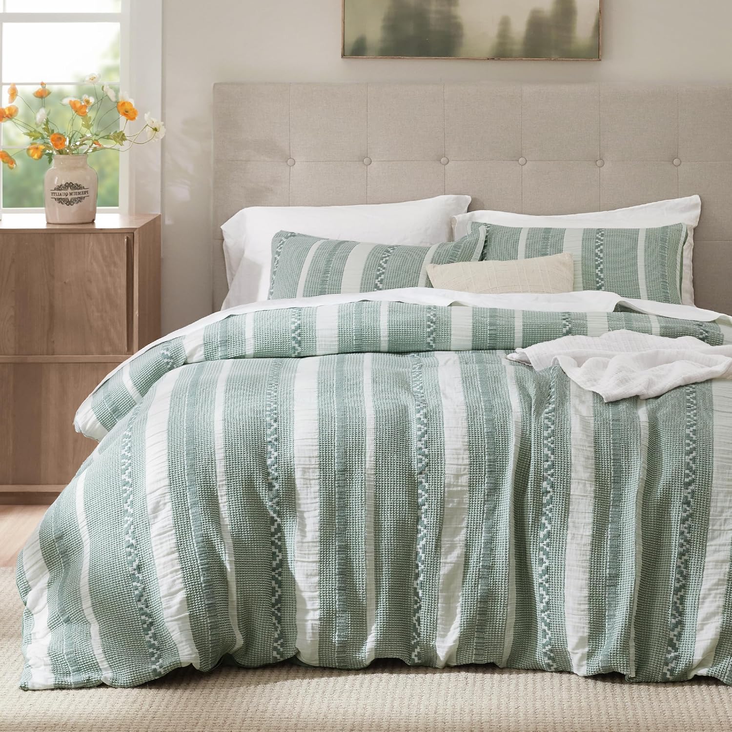 Bedsure Cotton Duvet Cover Queen - 100% Cotton Waffle Weave Coconut White Duvet Cover Queen Size, PureWoven Breathable Bedding Set for All Season