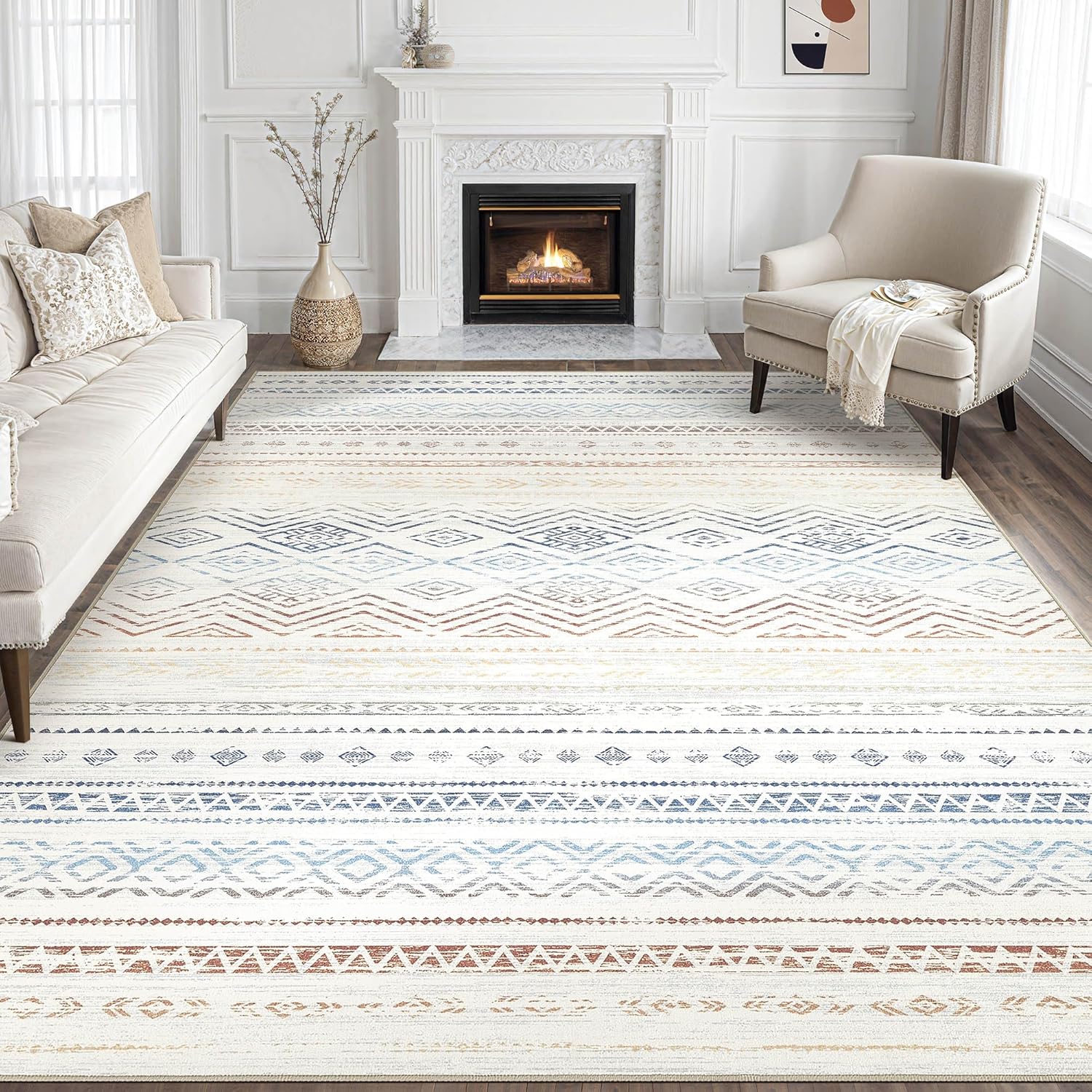 Tortania Area Rug Living Room Rugs - 10x12 Washable Large Soft Neutral Boho Moroccan Bohemian Farmhouse Rug Indoor Floor Carpet for Bedroom Under