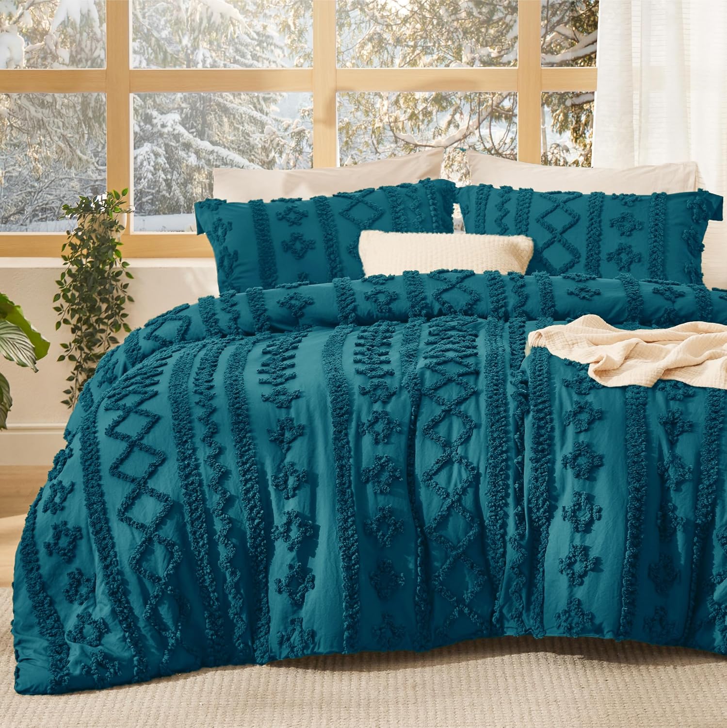 Bedsure Tufted Boho Comforter Set Queen Size - Linen Boho Bed Set, GentleSoft™ 3 Pieces Farmhouse-Style Embroidery Bedding, Gifts for Woman
