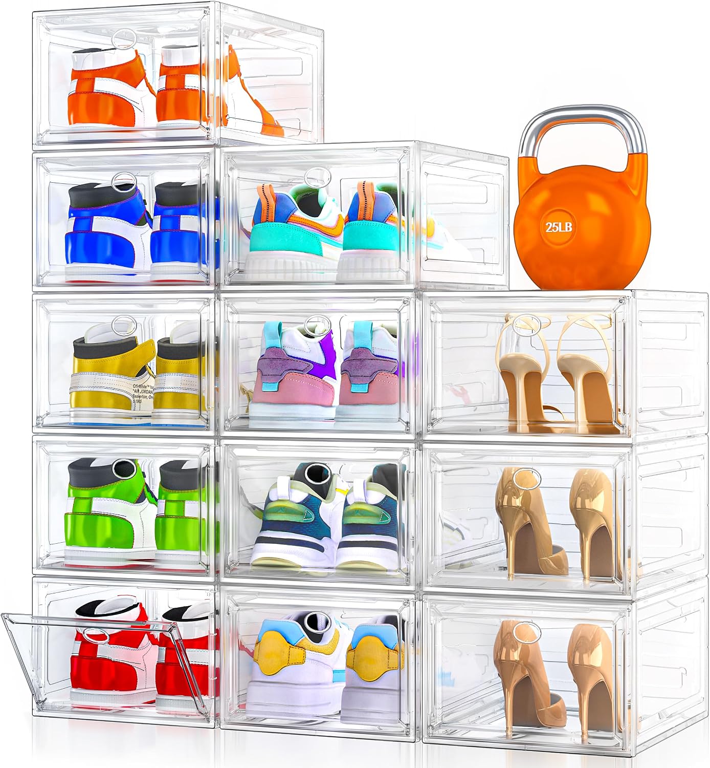 7 code Shoe Organizer, Clear Thickened Stackable Shoe Boxes with Magnetic Door, Collapsible Closet Storage Rack for Sneakers and Boots, 6 Pack White