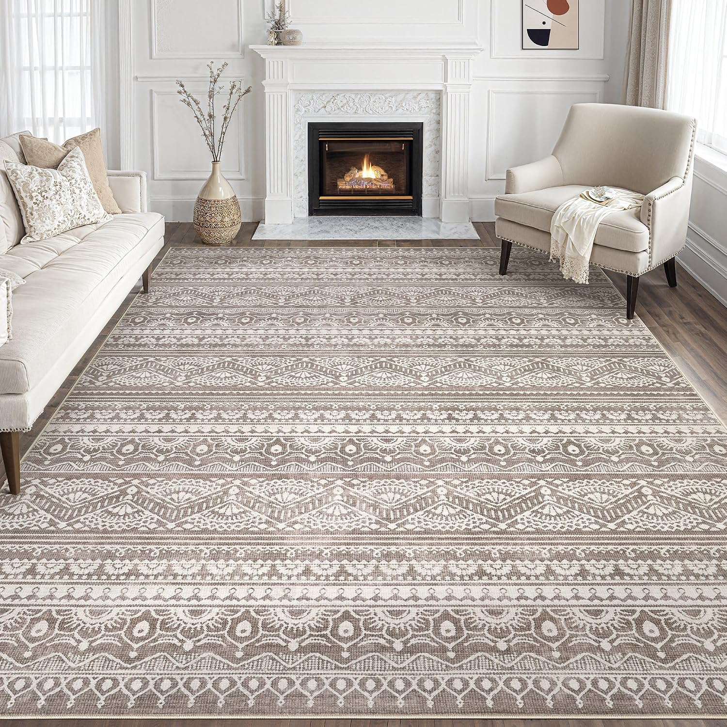 Tortania Area Rug Living Room Rugs - 10x12 Washable Large Soft Neutral Boho Moroccan Bohemian Farmhouse Rug Indoor Floor Carpet for Bedroom Under