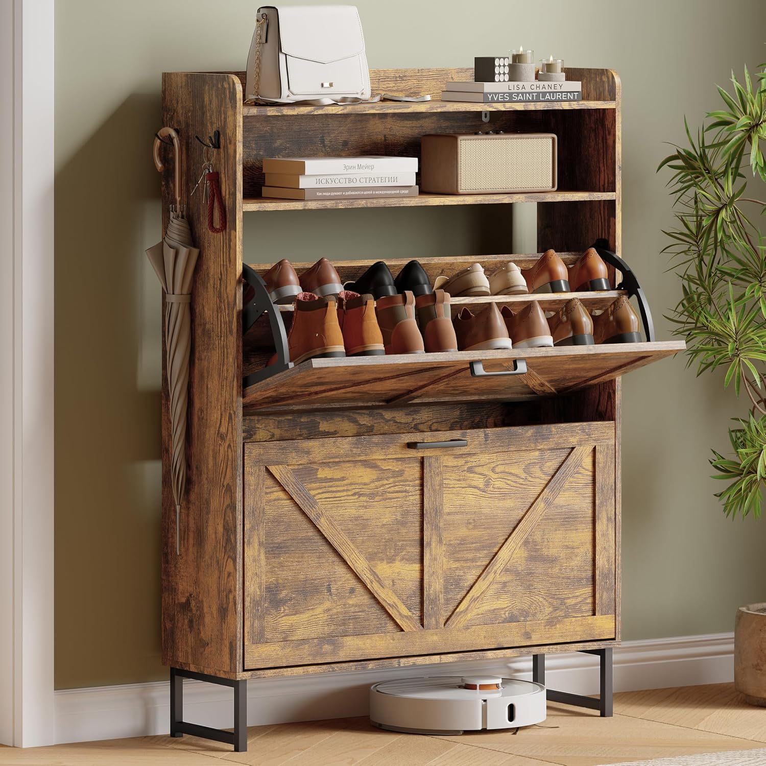 Shoe Cabinet with 2 Flip Drawers, Freestanding Hidden Shoe Storage Organizer for Entryway