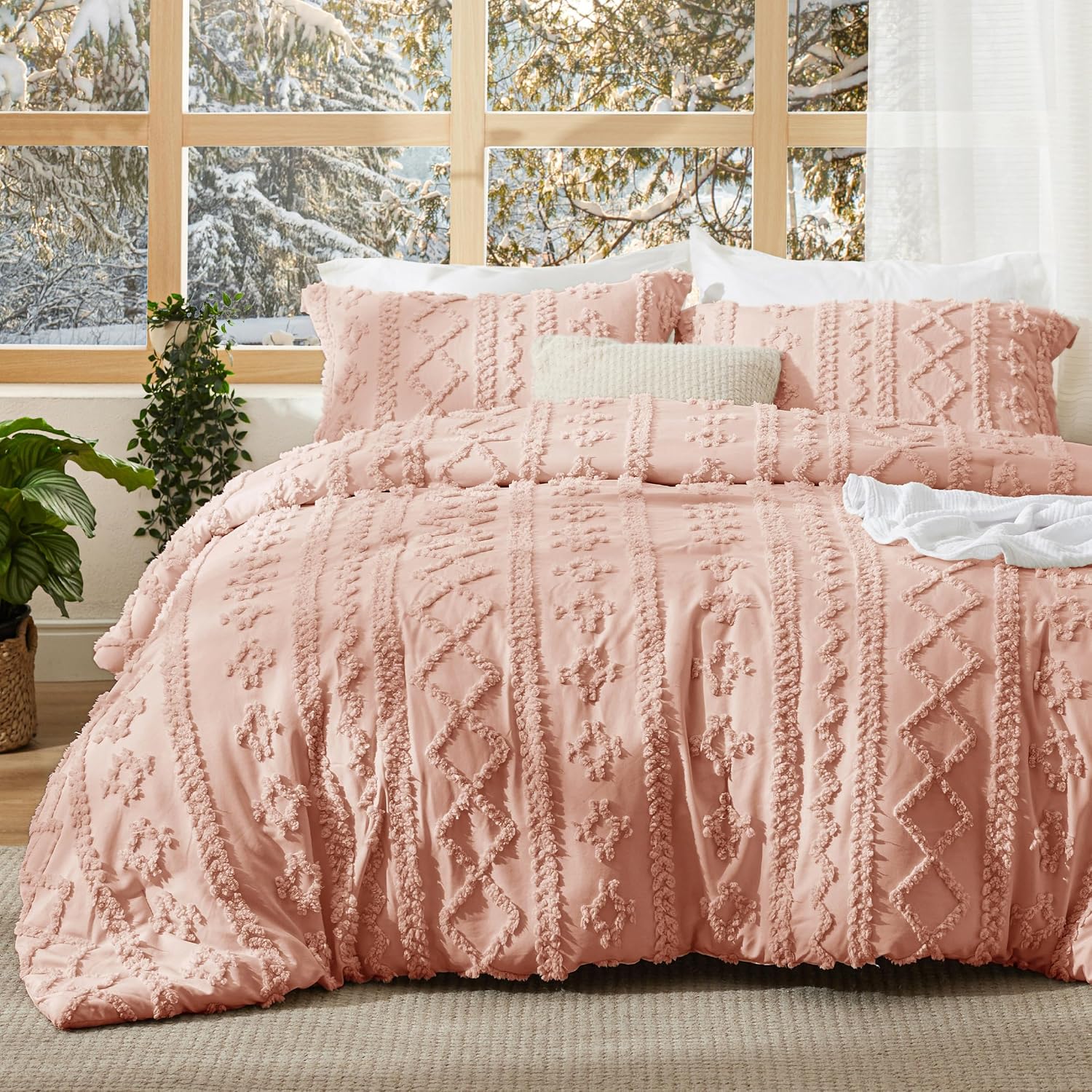 Bedsure Tufted Boho Comforter Set Queen Size - Linen Boho Bed Set, GentleSoft™ 3 Pieces Farmhouse-Style Embroidery Bedding, Gifts for Woman