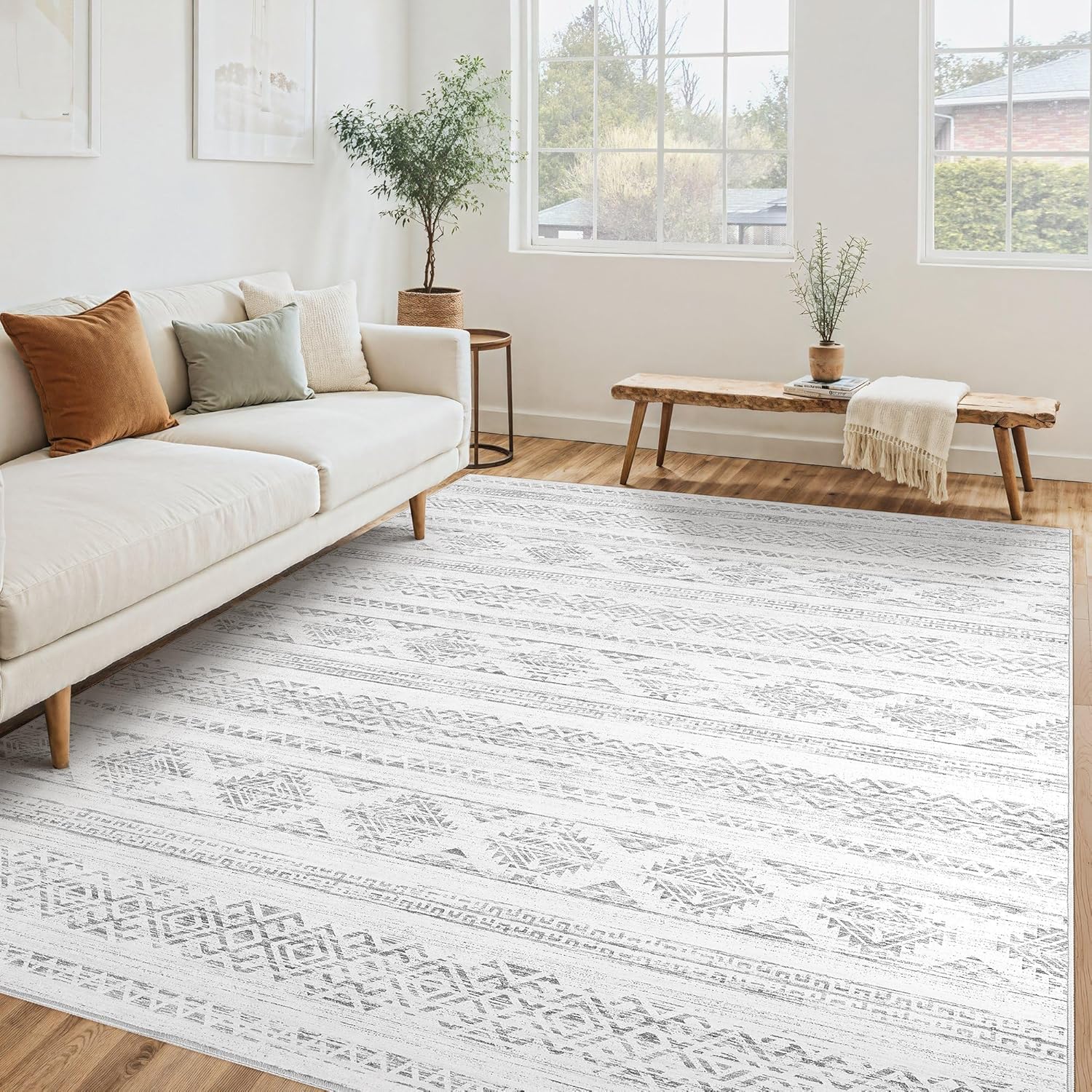 Tortania Area Rug Living Room Rugs - 10x12 Washable Large Soft Neutral Boho Moroccan Bohemian Farmhouse Rug Indoor Floor Carpet for Bedroom Under