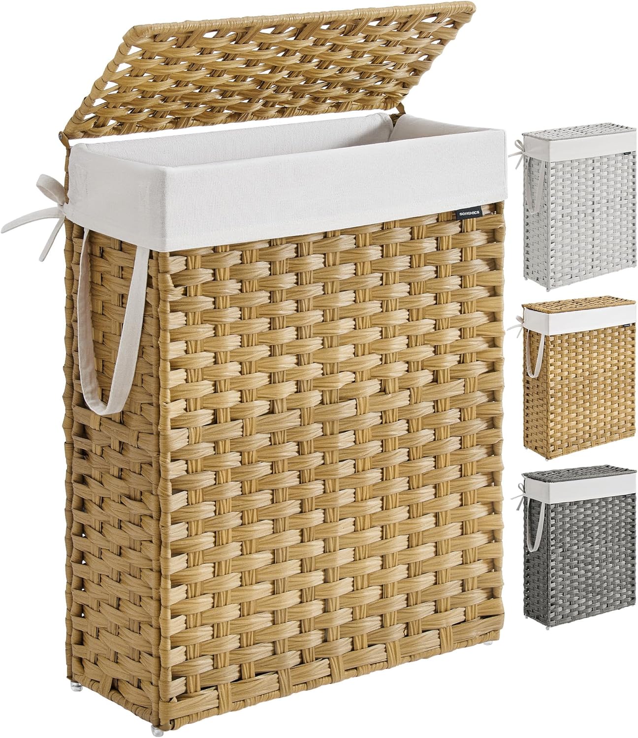 SONGMICS Laundry Hamper with Lid, 23.8 Gallon (90 L) Synthetic Rattan Clothes Laundry Basket with Lid and Handles, Foldable, Removable Liner