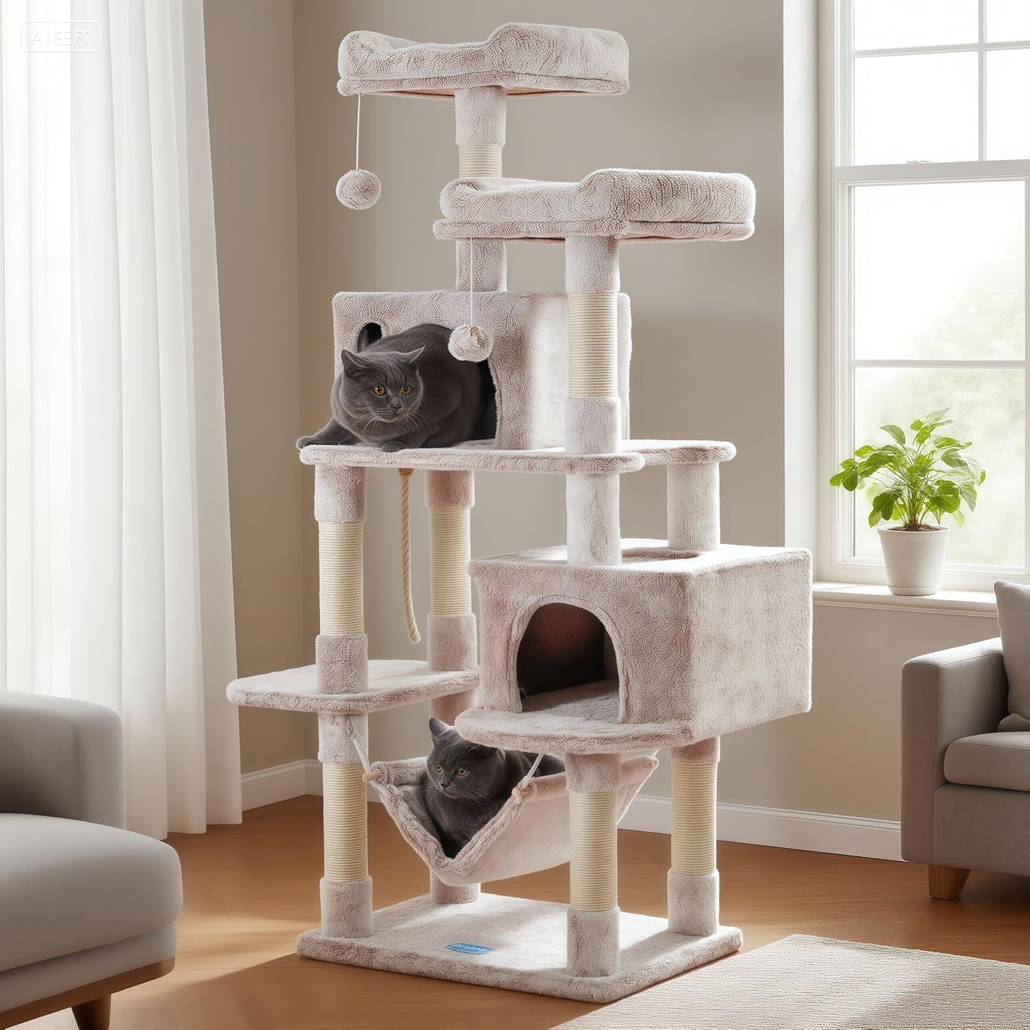 Hey-brother Large Multi-Level Cat Tree Condo Furniture with Sisal-Covered Scratching Posts, 2 Bigger Plush Condos, Perch Hammock for Kittens