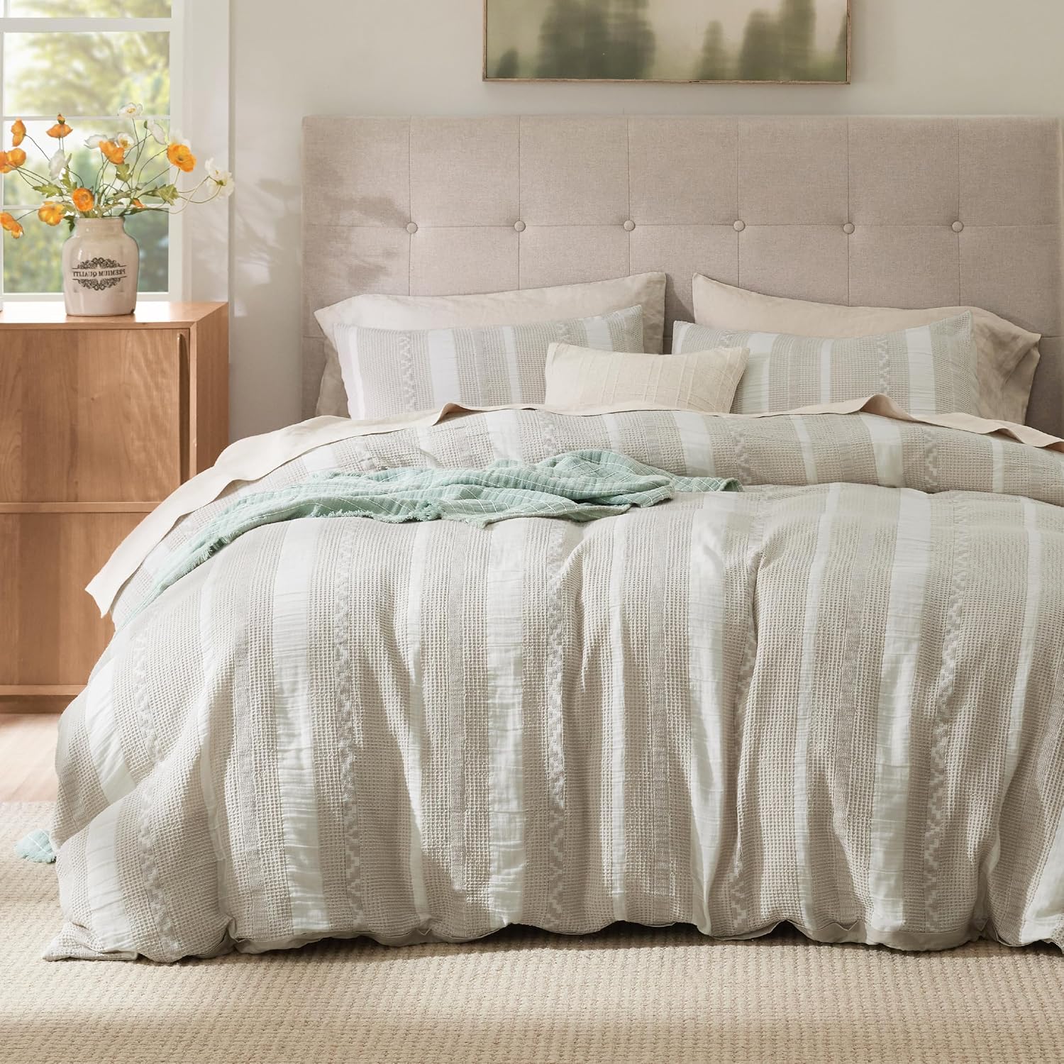 Bedsure Cotton Duvet Cover Queen - 100% Cotton Waffle Weave Coconut White Duvet Cover Queen Size, PureWoven Breathable Bedding Set for All Season