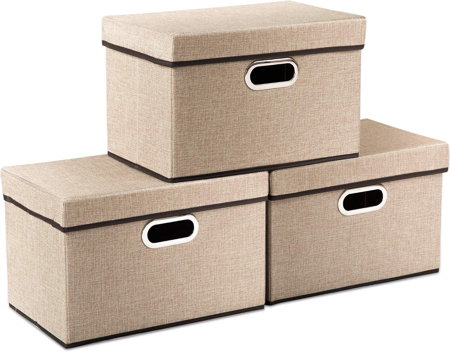 PRANDOM Large Collapsible Storage Bins with Lids 3-Pack Linen/Cotton Blend Foldable Storage Boxes Organizer Containers Baskets Cube with Cover for