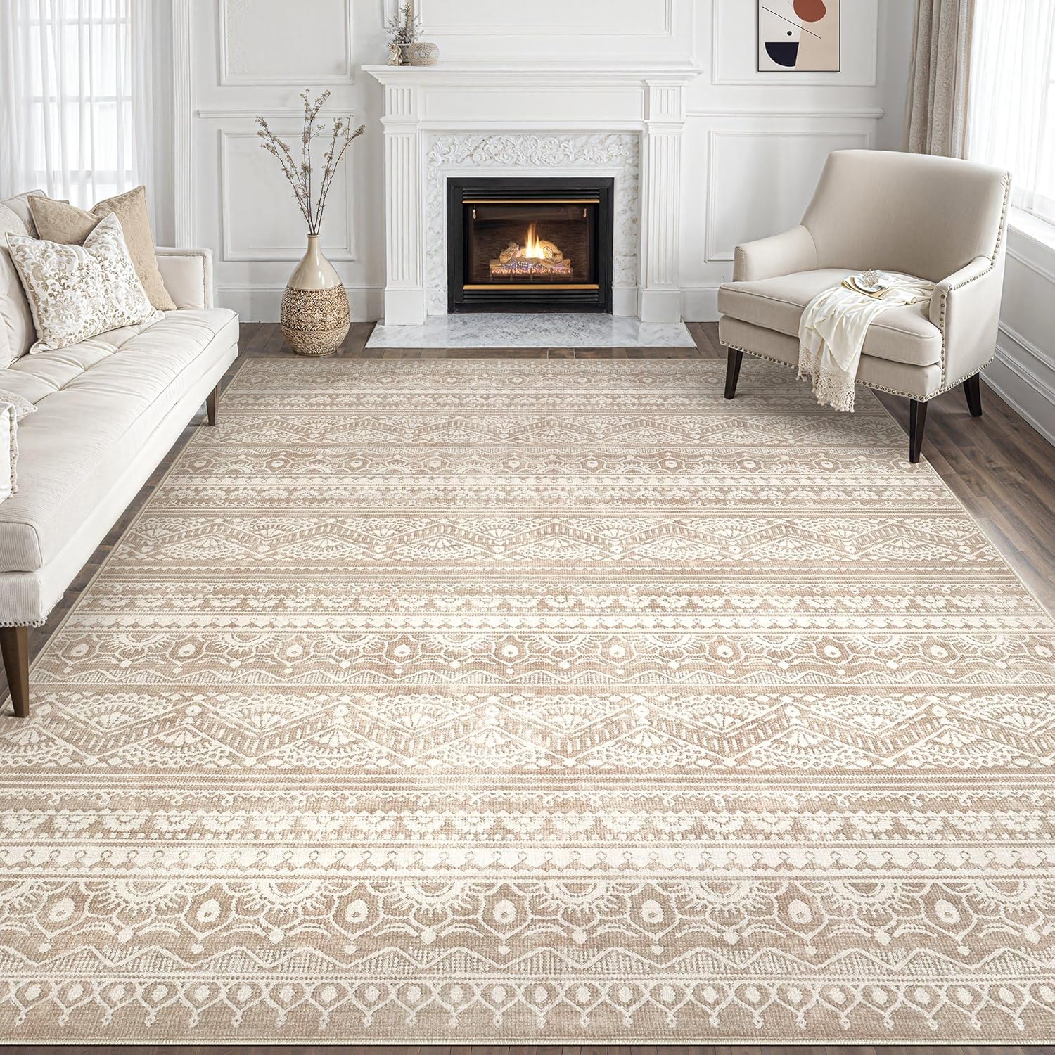 Tortania Area Rug Living Room Rugs - 10x12 Washable Large Soft Neutral Boho Moroccan Bohemian Farmhouse Rug Indoor Floor Carpet for Bedroom Under