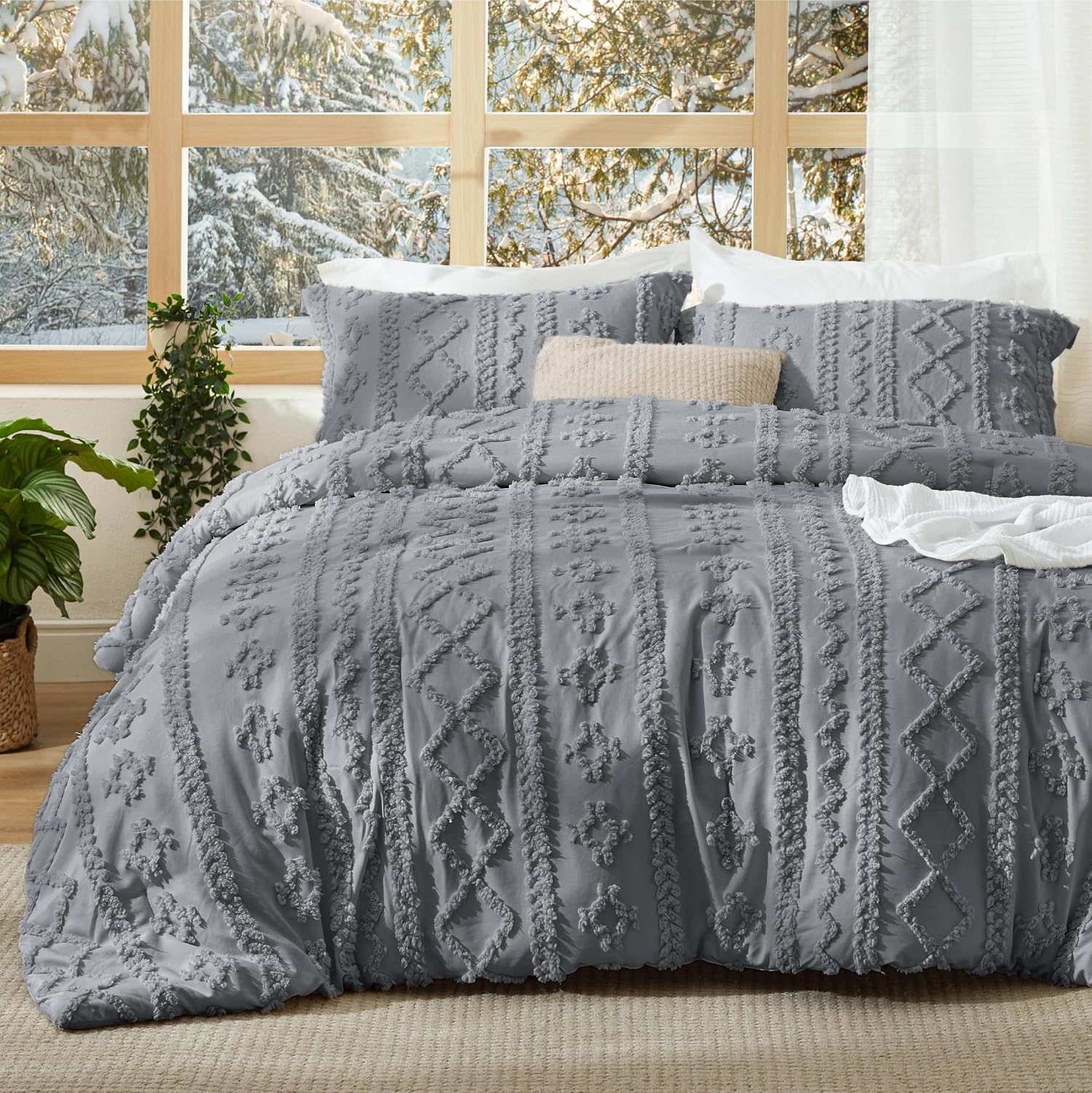 Bedsure Tufted Boho Comforter Set Queen Size - Linen Boho Bed Set, GentleSoft™ 3 Pieces Farmhouse-Style Embroidery Bedding, Gifts for Woman