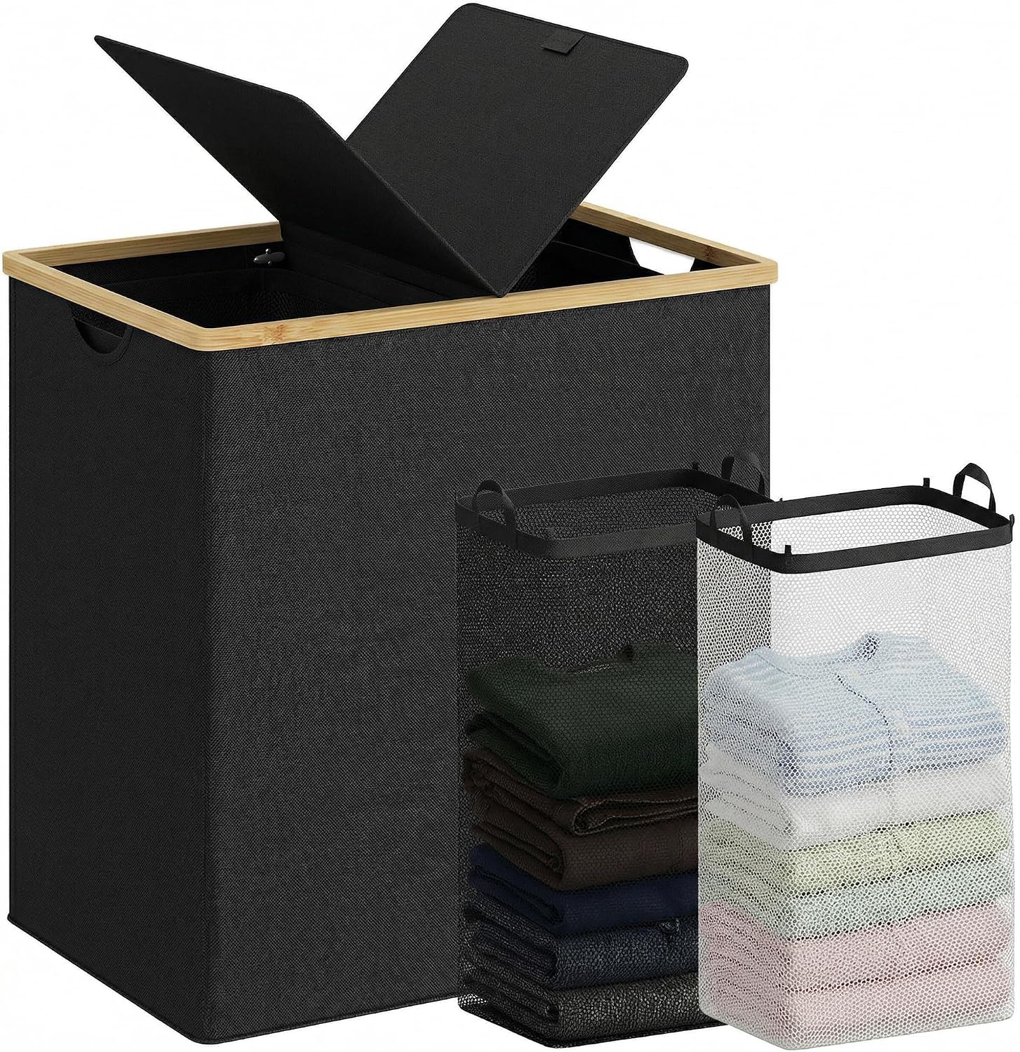 efluky Laundry Hamper with Lid, Double Laundry Basket with 2 Removable Bags, 2 Section Laundry Bin with Bamboo Handles for Bathroom