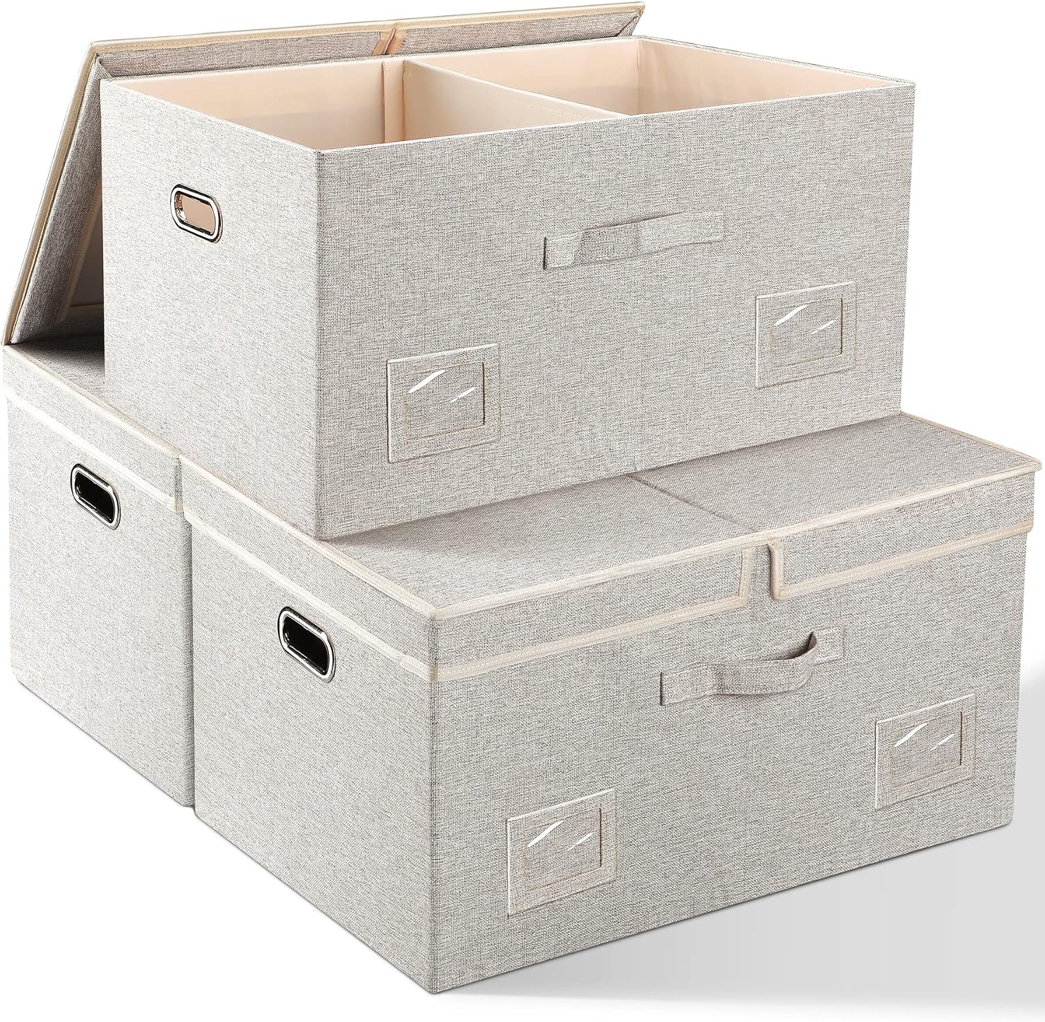 Graciadeco Large Quart Collapsible Stackable Storage Bins with Lids, 3 Packs Beige Linen Fabric Closet Boxes with Lids