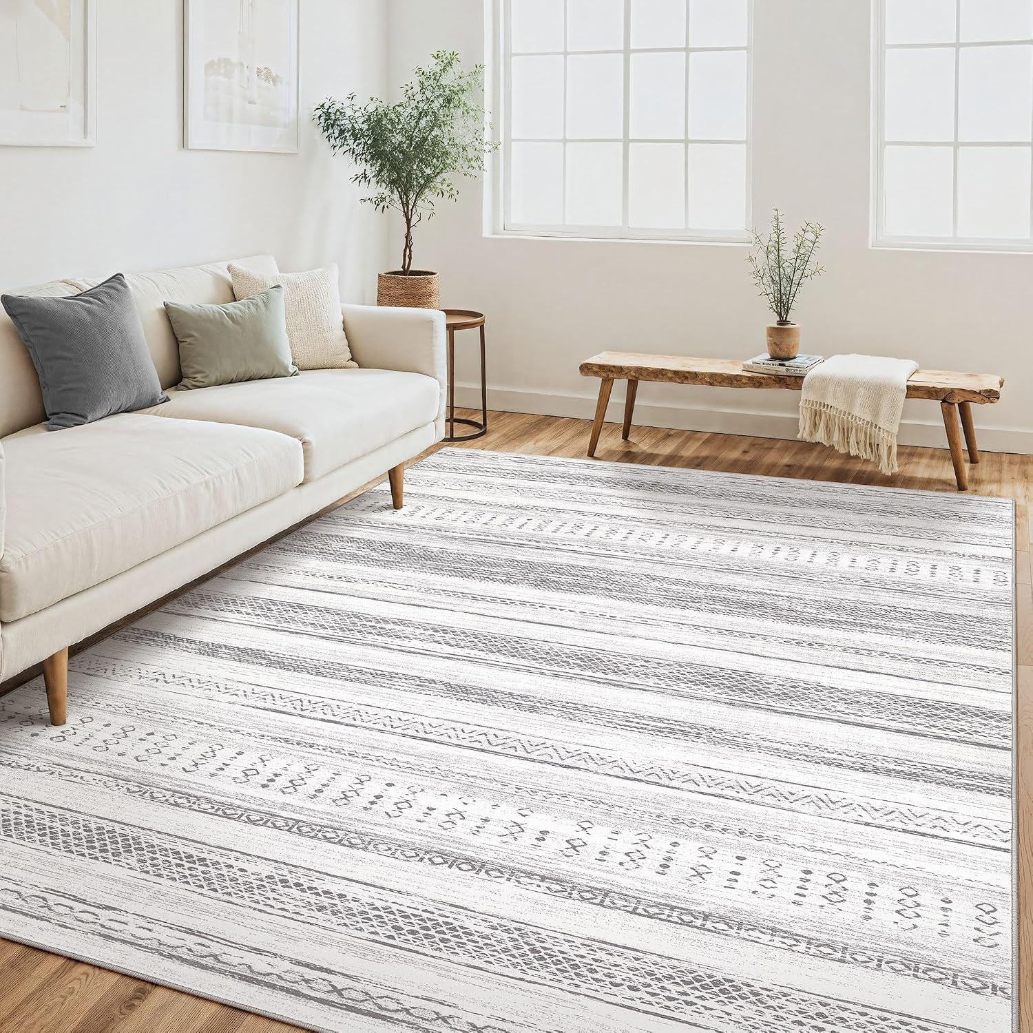 Tortania Area Rug Living Room Rugs - 10x12 Washable Large Soft Neutral Boho Moroccan Bohemian Farmhouse Rug Indoor Floor Carpet for Bedroom Under