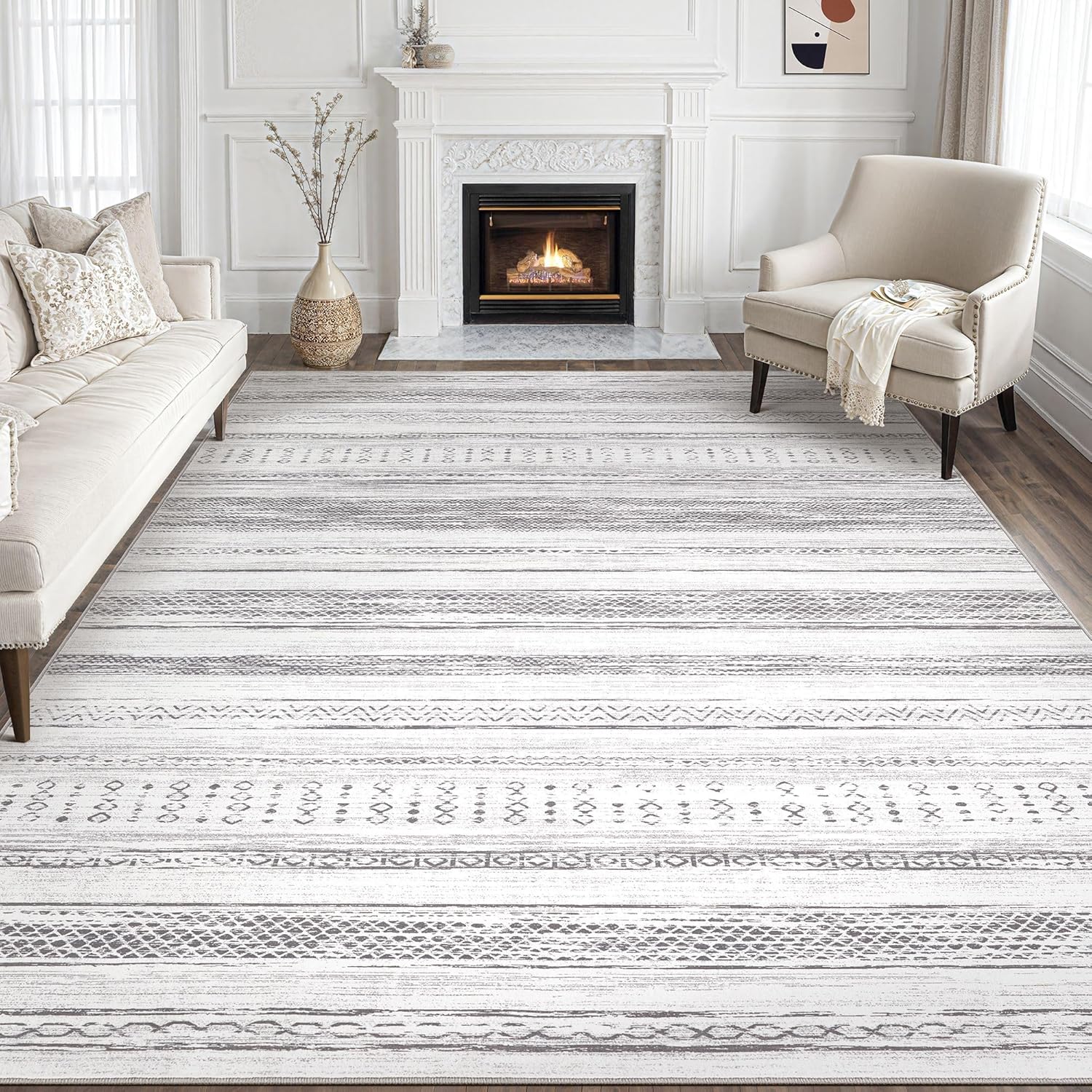 Tortania Area Rug Living Room Rugs - 10x12 Washable Large Soft Neutral Boho Moroccan Bohemian Farmhouse Rug Indoor Floor Carpet for Bedroom Under