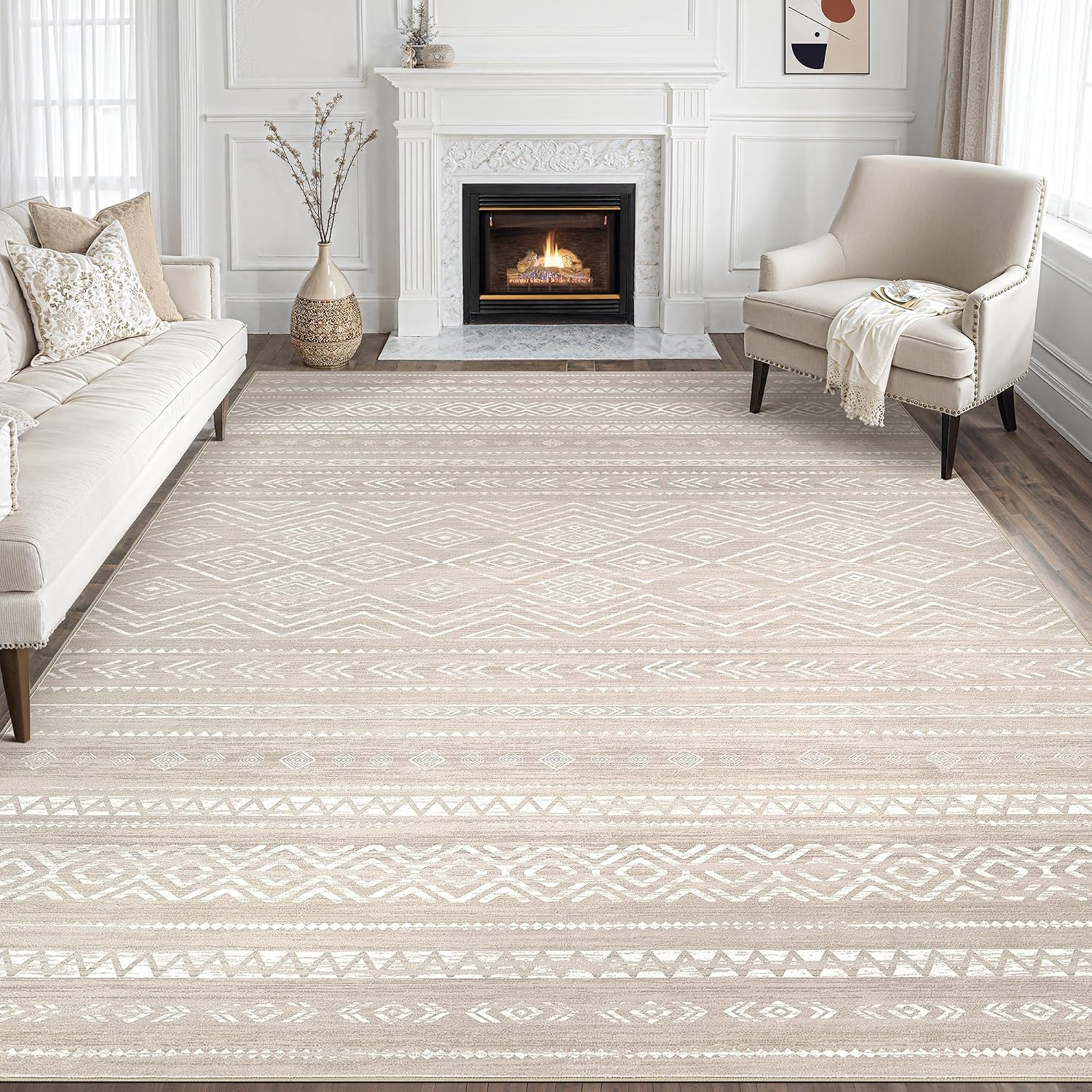 Tortania Area Rug Living Room Rugs - 10x12 Washable Large Soft Neutral Boho Moroccan Bohemian Farmhouse Rug Indoor Floor Carpet for Bedroom Under