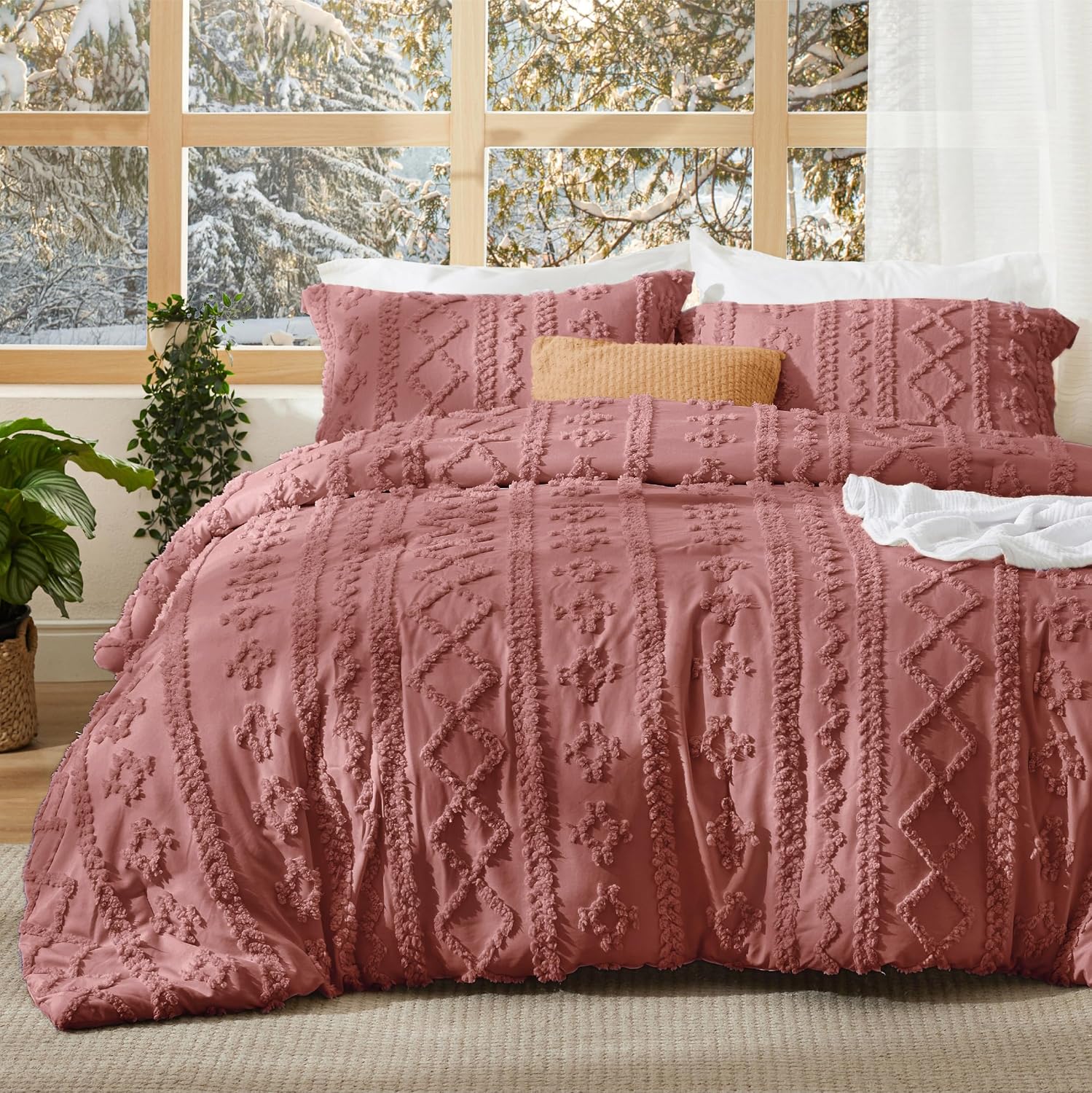 Bedsure Tufted Boho Comforter Set Queen Size - Linen Boho Bed Set, GentleSoft™ 3 Pieces Farmhouse-Style Embroidery Bedding, Gifts for Woman