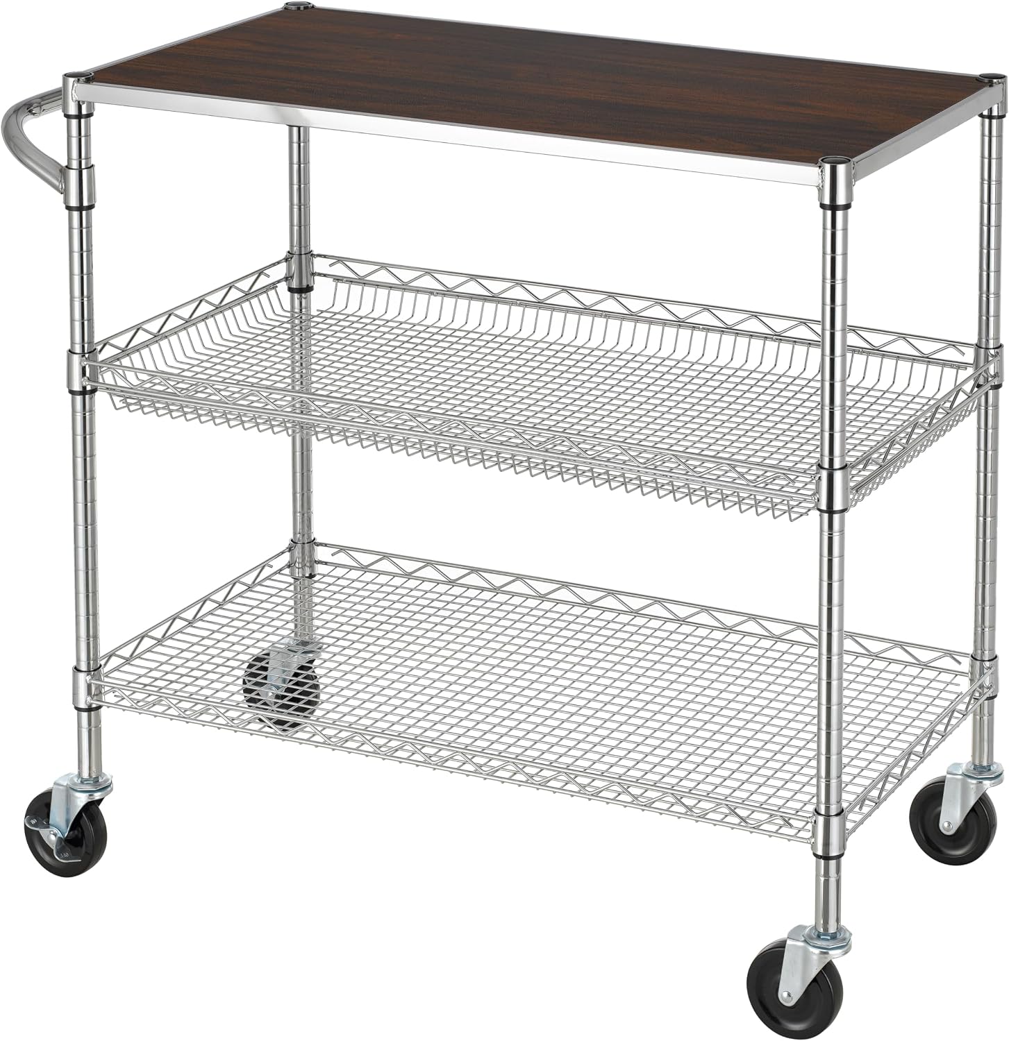 Finnhomy 3 Tier Heavy Duty Commercial Grade Utility Cart with Wood Top, Wire Rolling Cart with Handle Bar, Steel Service Cart with Wheels