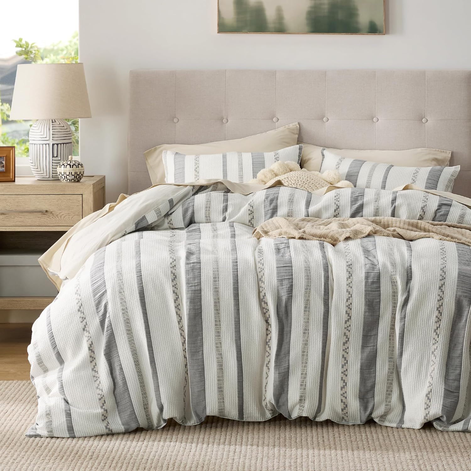 Bedsure Cotton Duvet Cover Queen - 100% Cotton Waffle Weave Coconut White Duvet Cover Queen Size, PureWoven Breathable Bedding Set for All Season