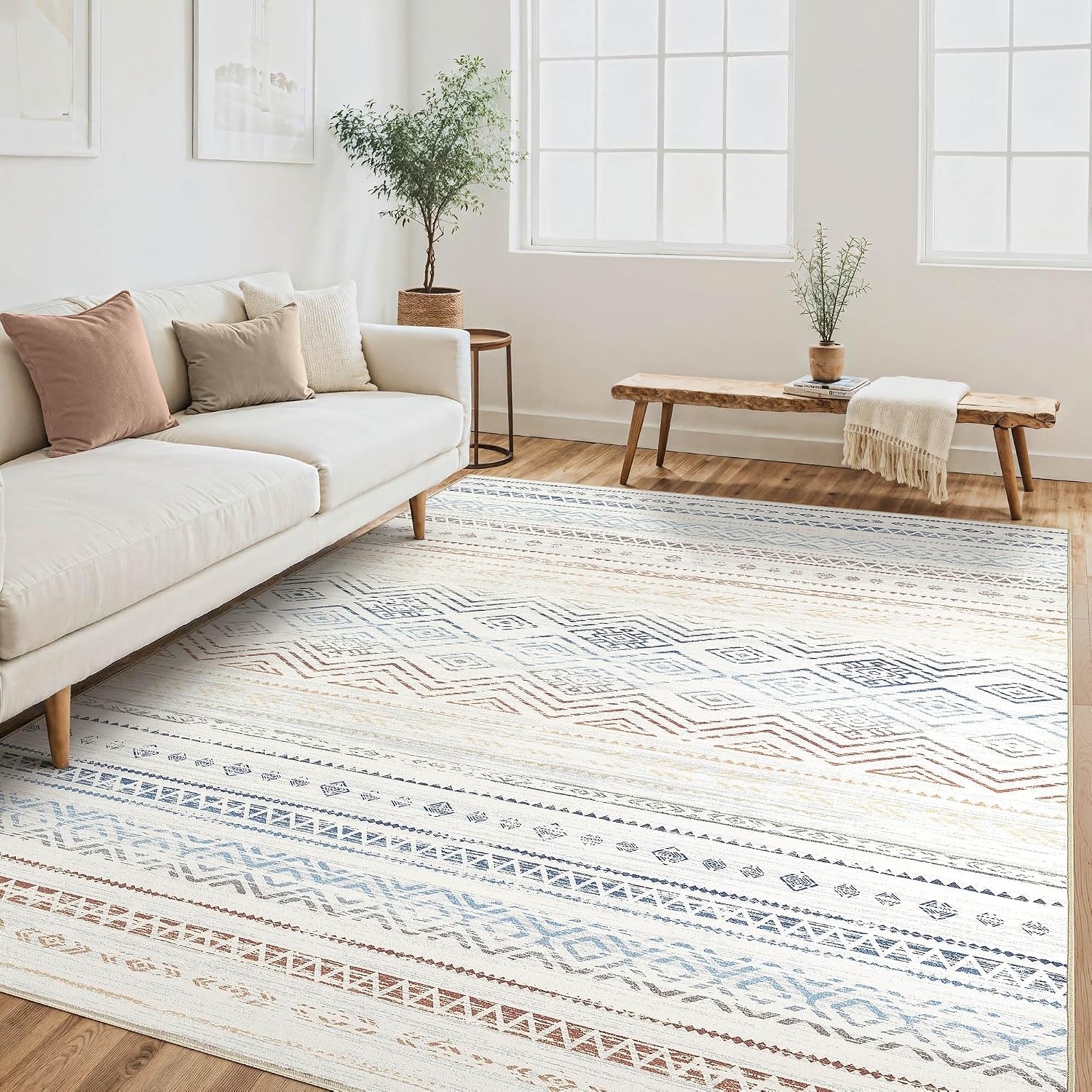 Tortania Area Rug Living Room Rugs - 10x12 Washable Large Soft Neutral Boho Moroccan Bohemian Farmhouse Rug Indoor Floor Carpet for Bedroom Under