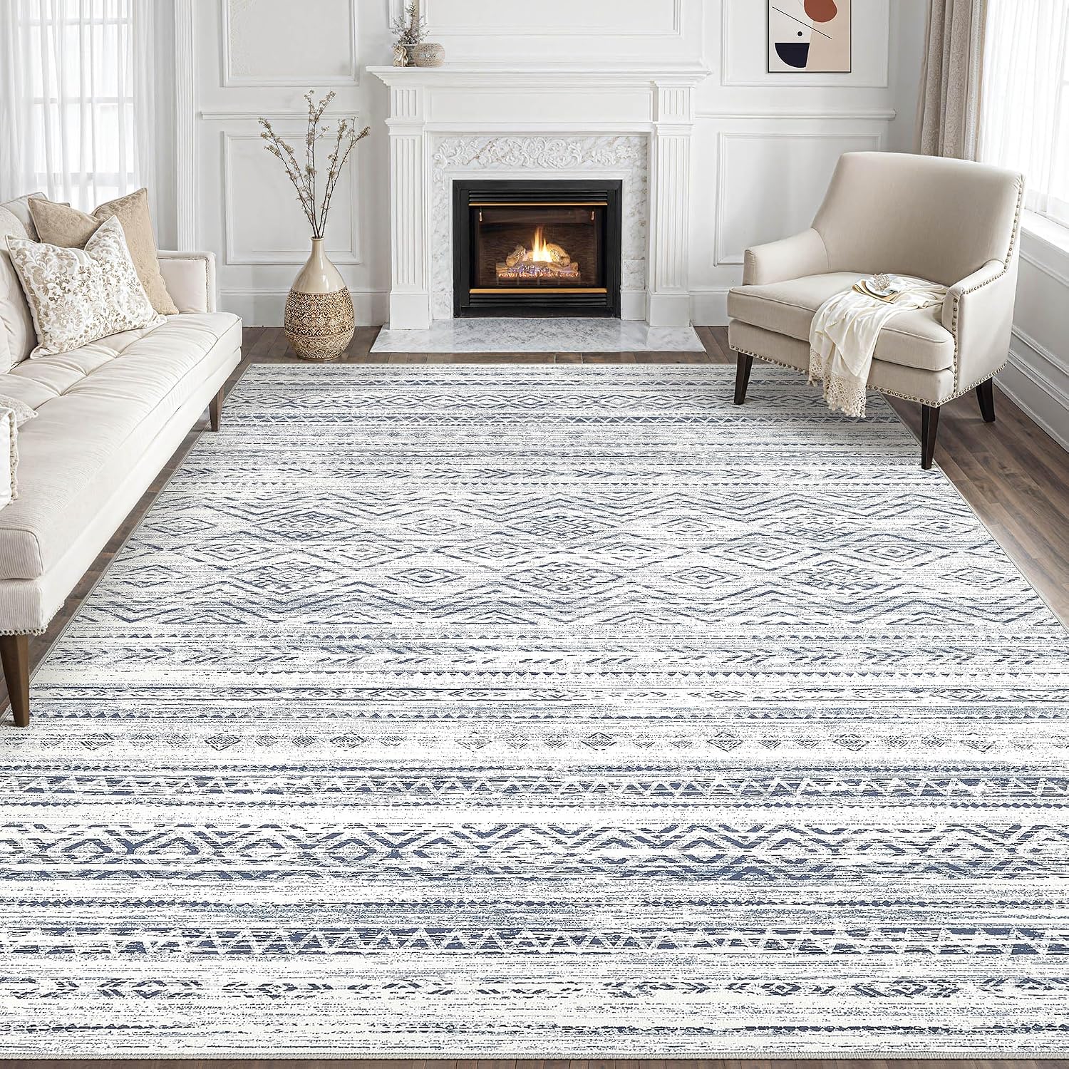 Tortania Area Rug Living Room Rugs - 10x12 Washable Large Soft Neutral Boho Moroccan Bohemian Farmhouse Rug Indoor Floor Carpet for Bedroom Under