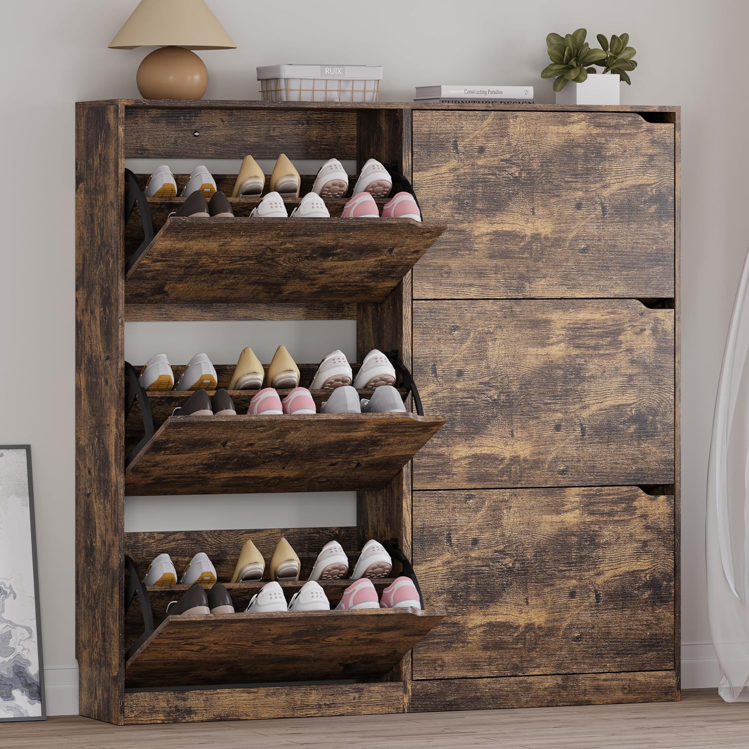 BORNOON Shoe Cabinet with 3 Flip Drawers, Hidden Wood Shoe Cabinet, Freestanding Shoe Storage Cabinet for Entryway Hallway.White. 47.2" H*31.5" W*9