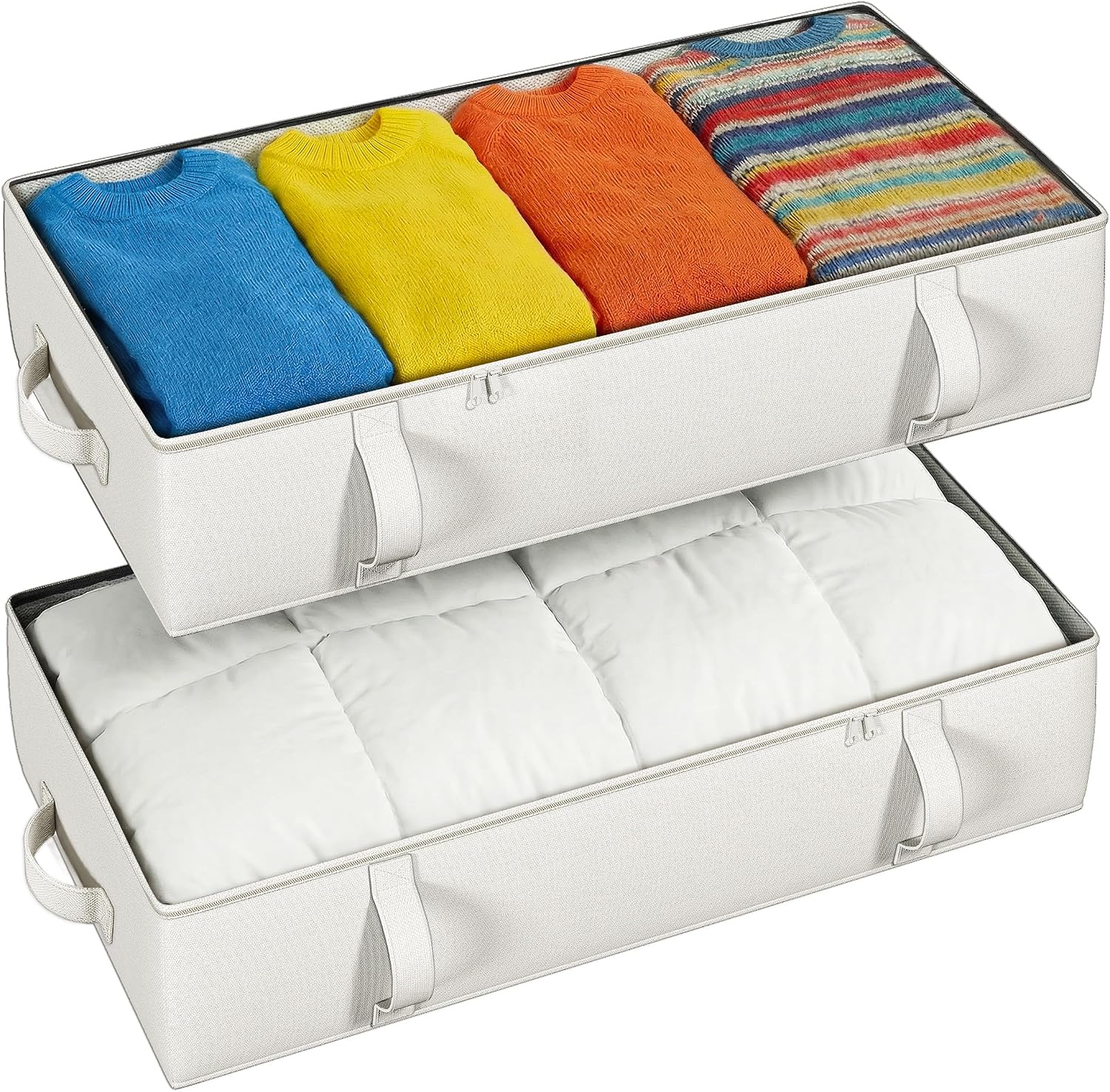 TidyCorner 2-Pack Under Bed Storage, 6 Inches Tall Closet Organizers and Storage Bins with Sturdy Sidewalls/Bottom/4 Handles, Beige