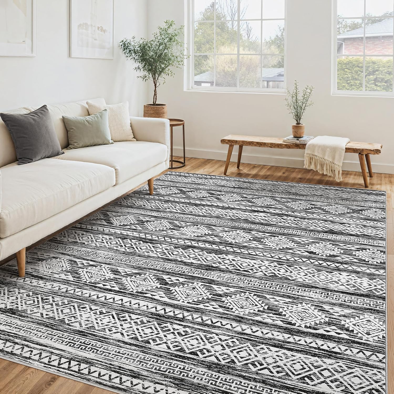 Tortania Area Rug Living Room Rugs - 10x12 Washable Large Soft Neutral Boho Moroccan Bohemian Farmhouse Rug Indoor Floor Carpet for Bedroom Under