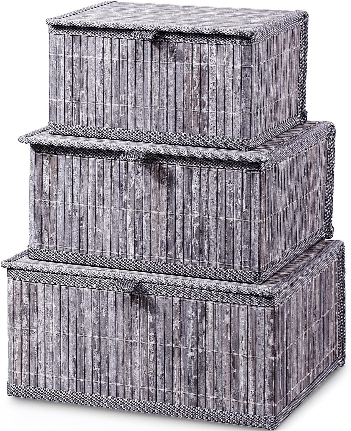 Honygebia Bamboo Decorative Storage Boxes - Set of 3 Woven Lined Storage Basket with Lids