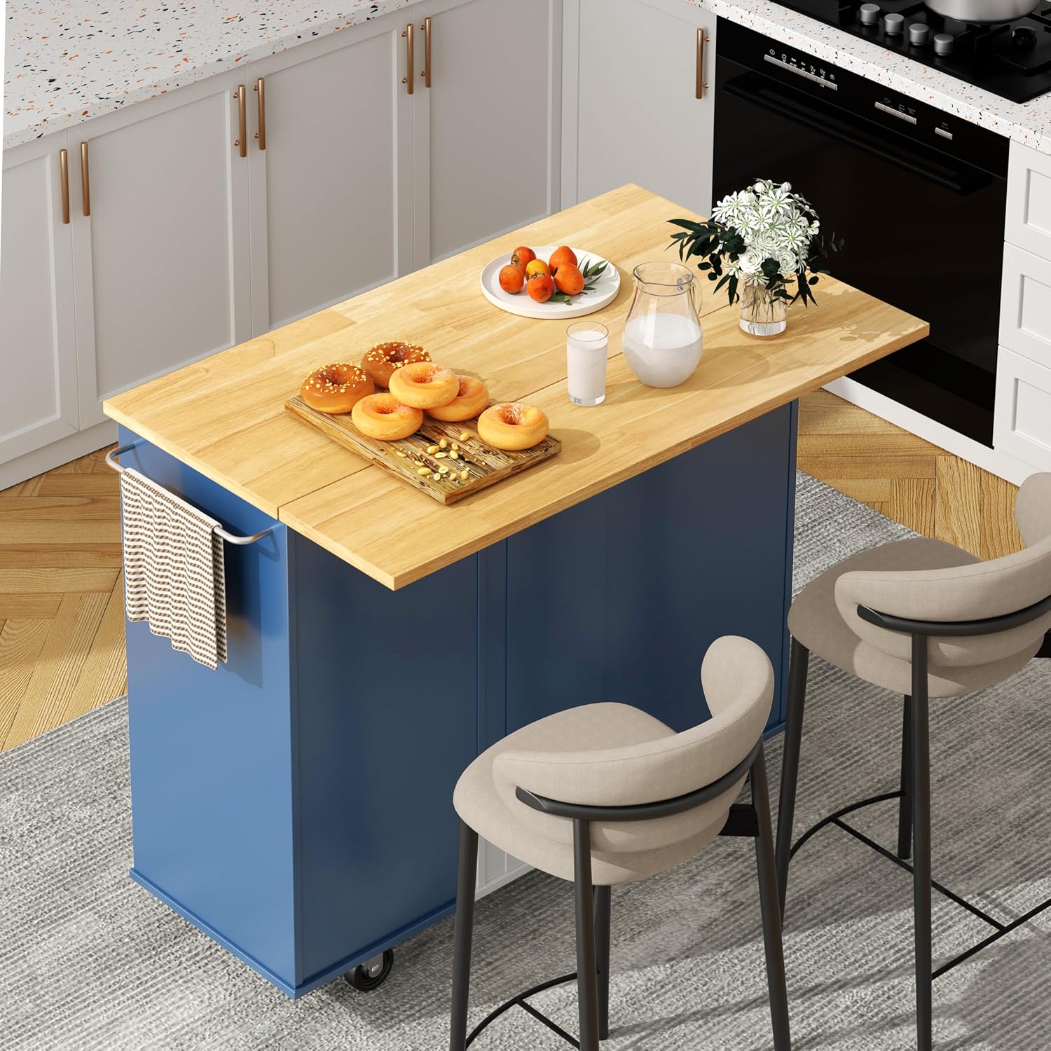 Shintenchi Kitchen Island Cart with Storage, Rolling Kitchen Island Side Table on Wheels with Large Worktop, Storage Cabinet, Towel Rack