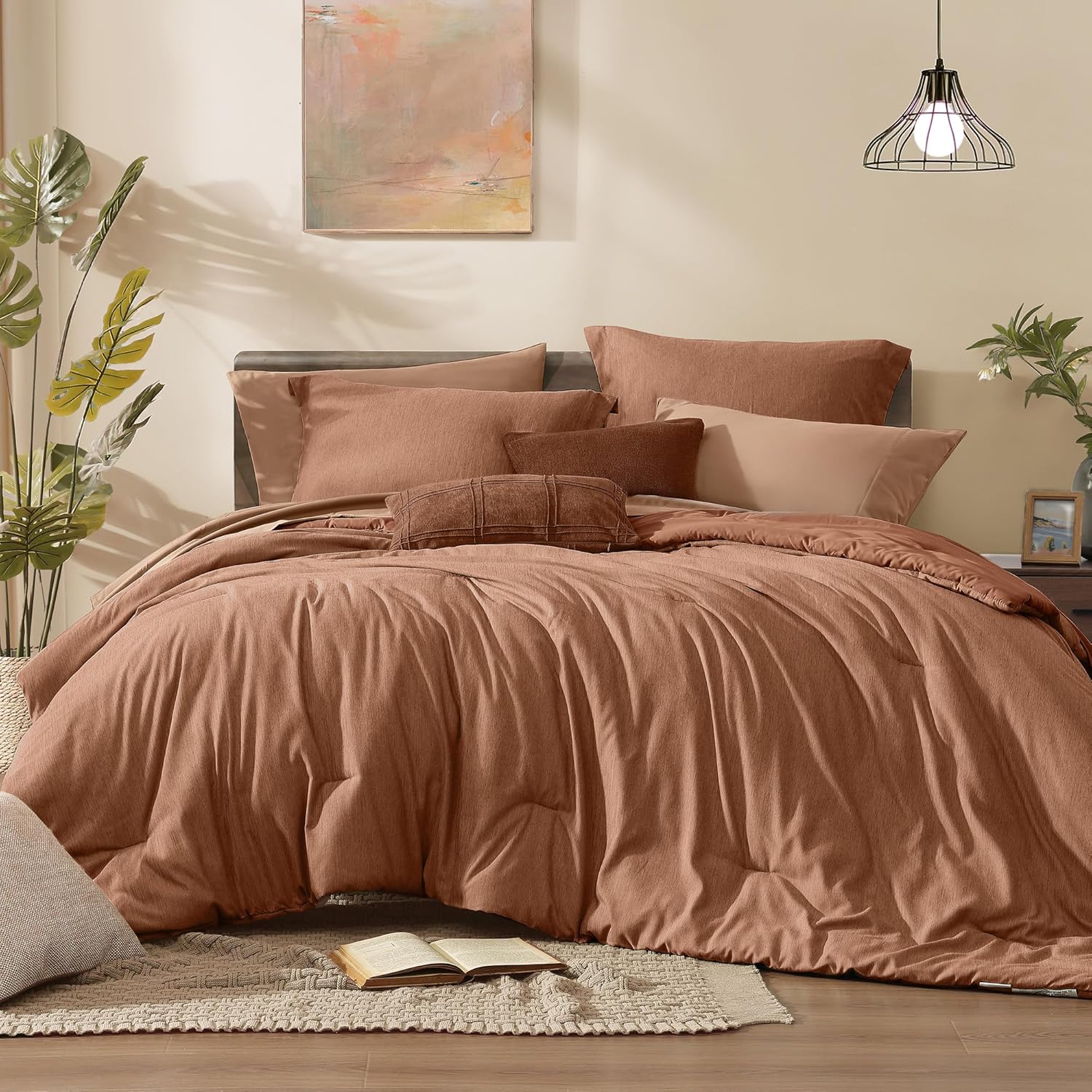 Monbix King Size Comforter Set, Olive Green King Bed Set Reversible, King Size Comforter Set 7 Pieces, Cationic Dyeing Bed in a Bag with Comforter