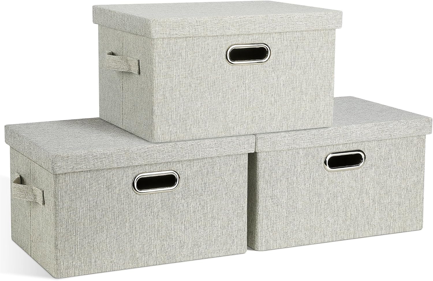 Graciadeco Large Quart Collapsible Stackable Storage Bins with Lids, 3 Packs Beige Linen Fabric Closet Boxes with Lids