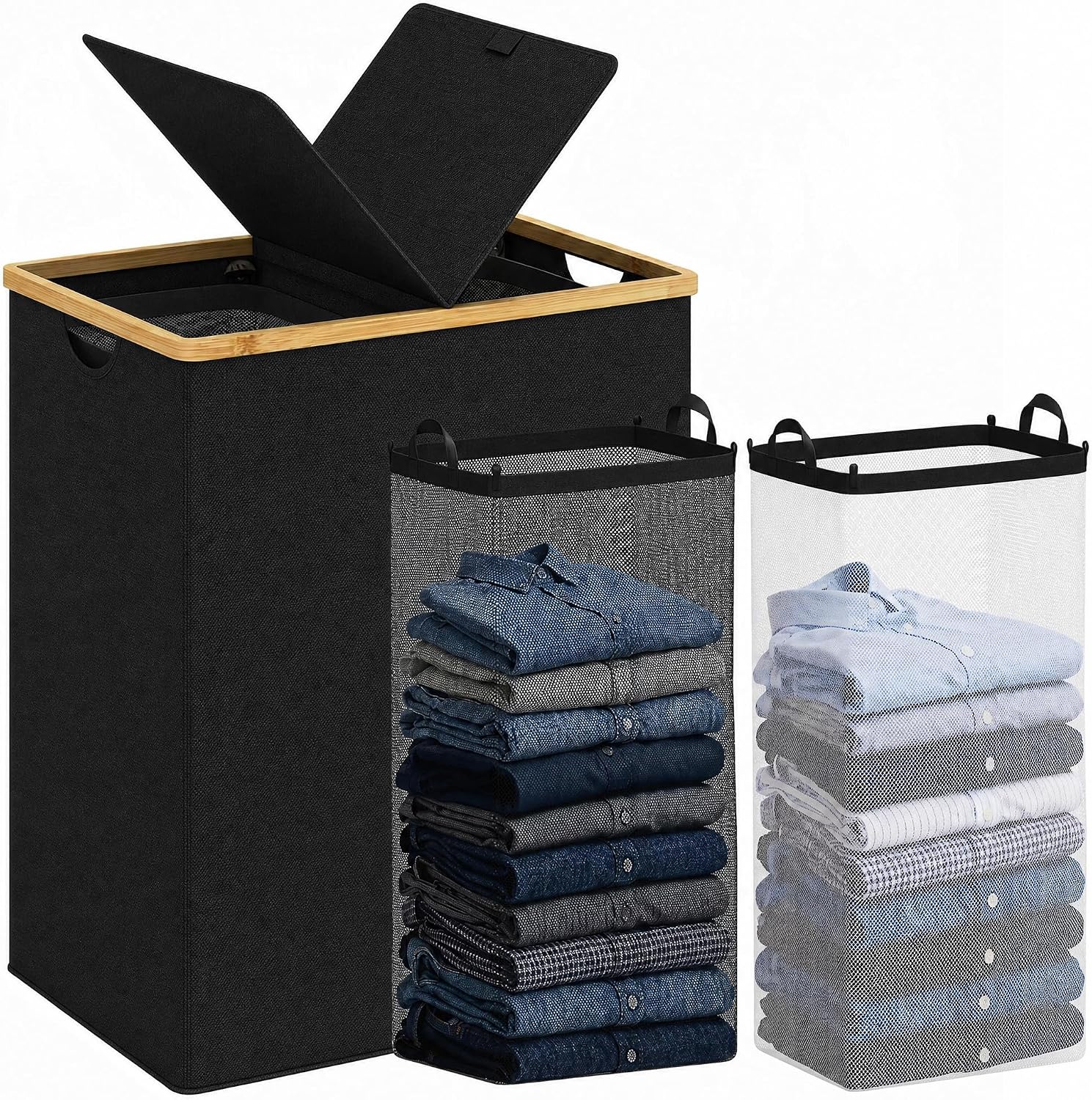efluky Laundry Hamper with Lid, Double Laundry Basket with 2 Removable Bags, 2 Section Laundry Bin with Bamboo Handles for Bathroom