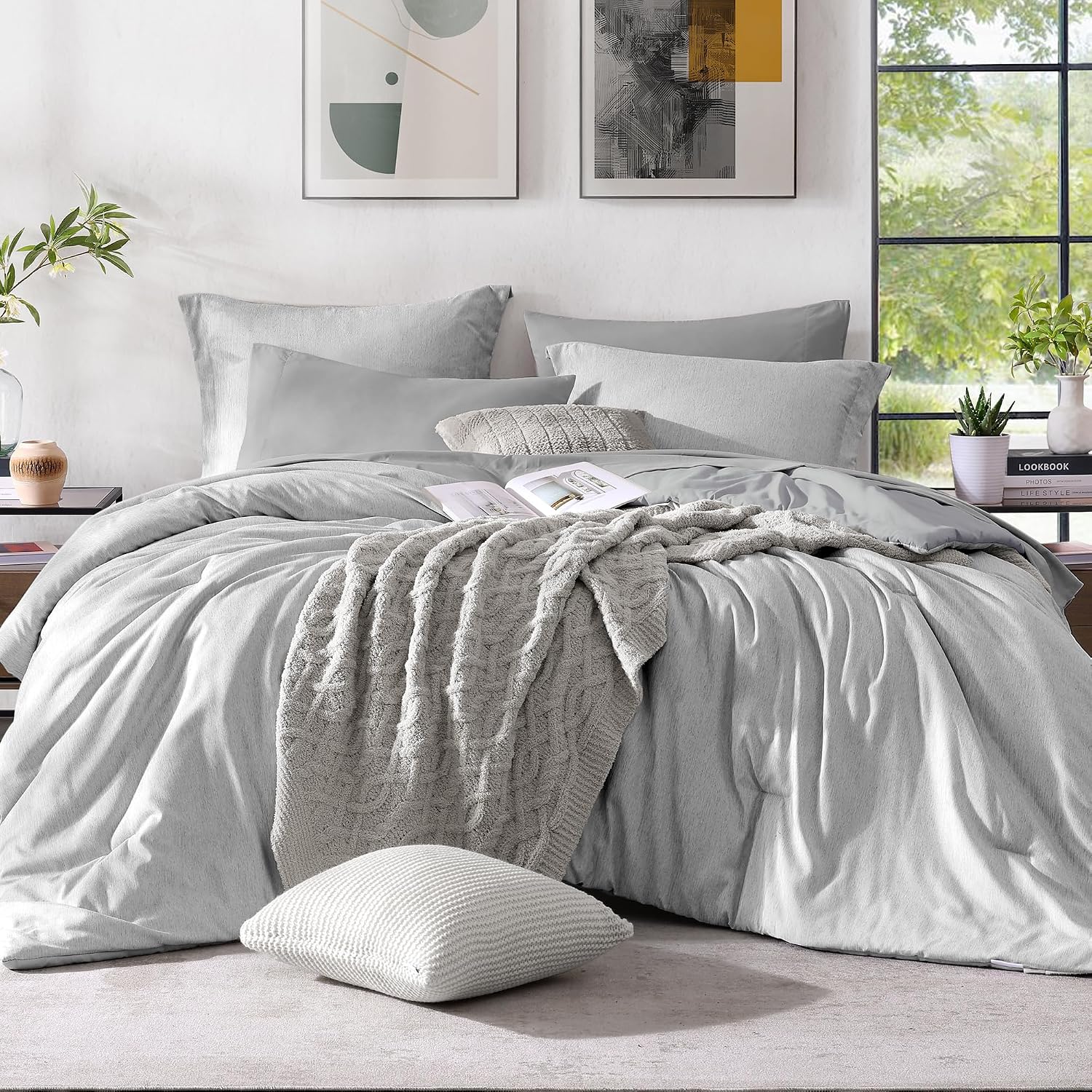 Monbix King Size Comforter Set, Olive Green King Bed Set Reversible, King Size Comforter Set 7 Pieces, Cationic Dyeing Bed in a Bag with Comforter