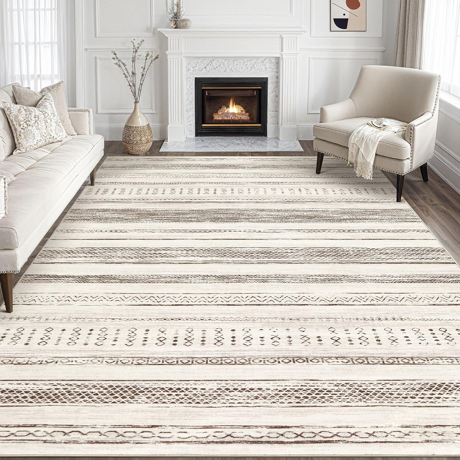 Tortania Area Rug Living Room Rugs - 10x12 Washable Large Soft Neutral Boho Moroccan Bohemian Farmhouse Rug Indoor Floor Carpet for Bedroom Under