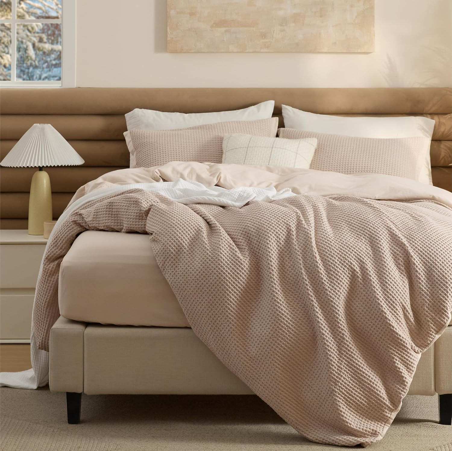 Bedsure Cotton Duvet Cover Queen - 100% Cotton Waffle Weave Coconut White Duvet Cover Queen Size, PureWoven Breathable Bedding Set for All Season