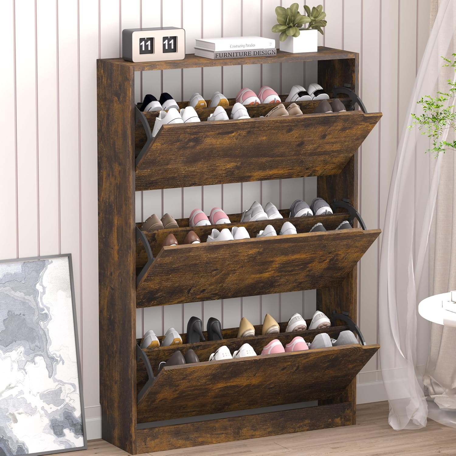 BORNOON Shoe Storage Cabinet with 3 Flip Drawers, Narrow Shoe Rack Cabinet, Freestanding Organizer Storage for Entryway, Hallway, Black