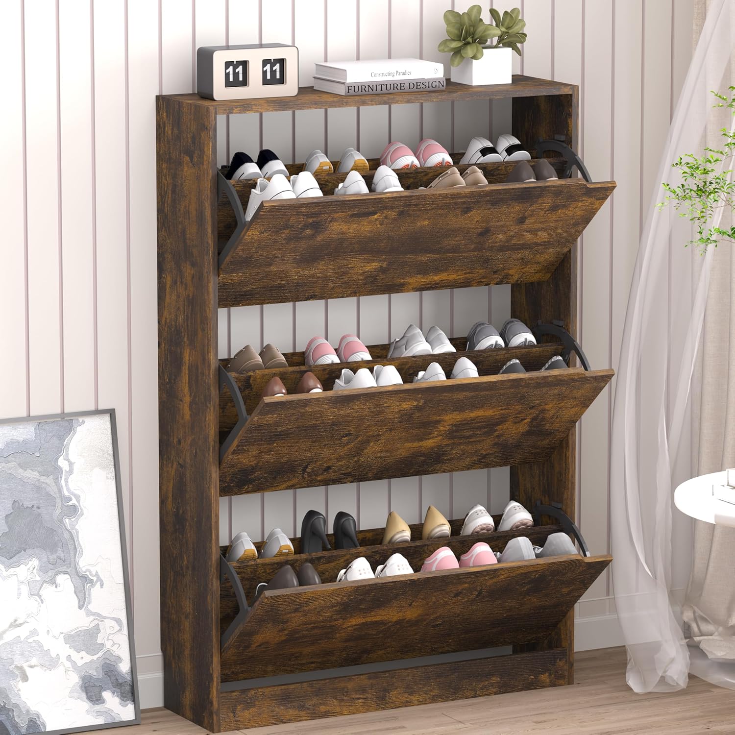 BORNOON Shoe Cabinet with Odor Control and Back Panels, Deodorizing Slim 3-Flip Shoe Storage Cabinet for Entryway