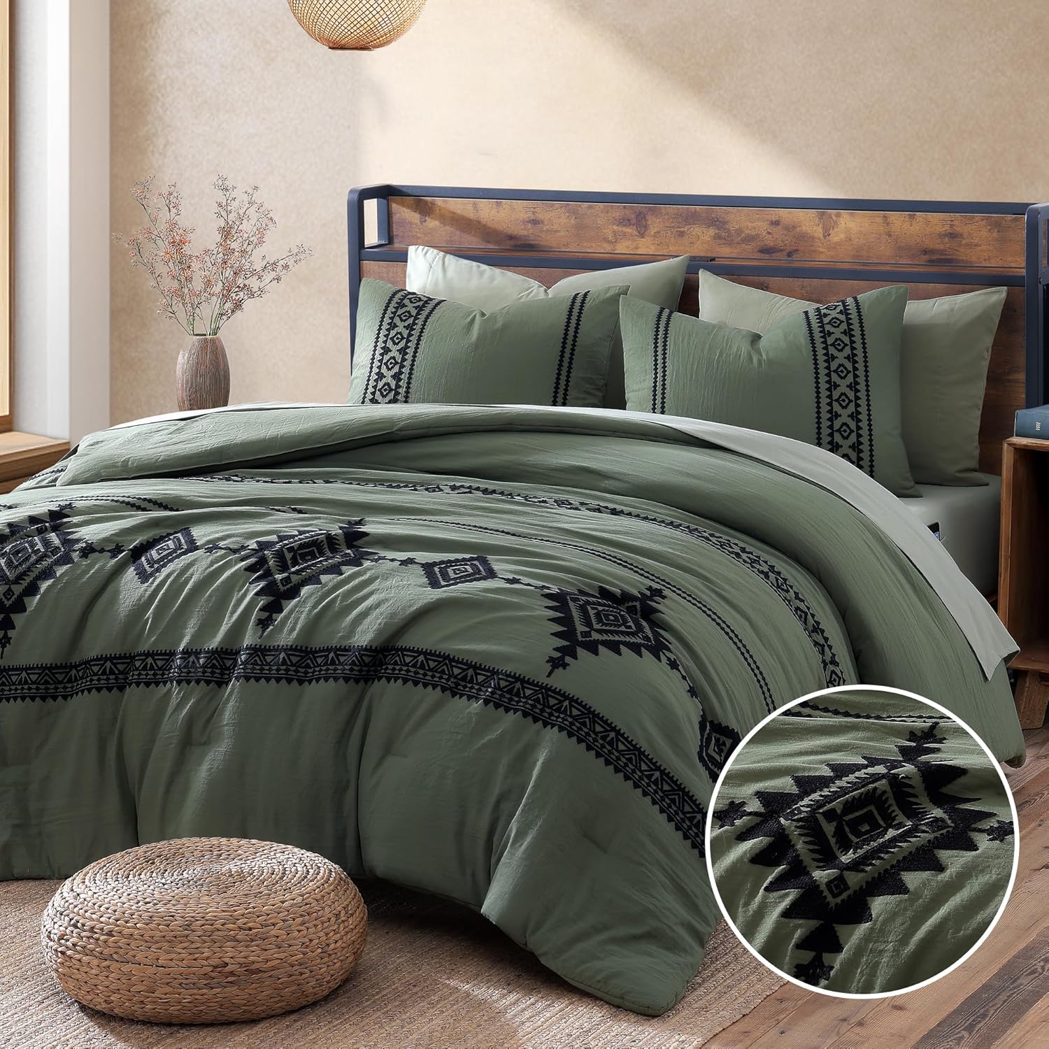 MaiRêve Embroidery Comforter Set Queen Size - 7 Piece, White Boho Western Bedding All Season Bed in A Bag, Farmhouse Queen Comforter Set with Sheets