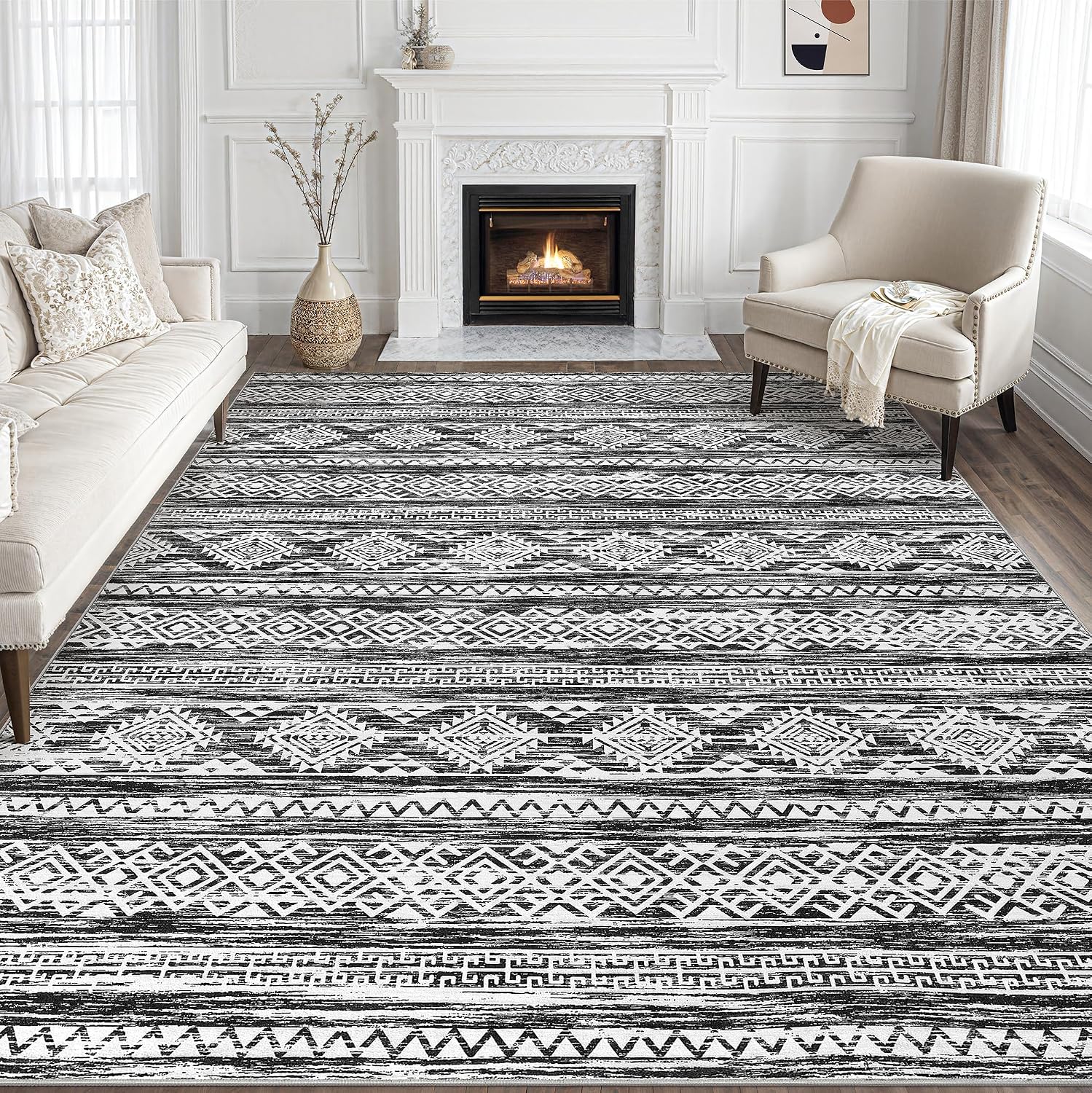 Tortania Area Rug Living Room Rugs - 10x12 Washable Large Soft Neutral Boho Moroccan Bohemian Farmhouse Rug Indoor Floor Carpet for Bedroom Under