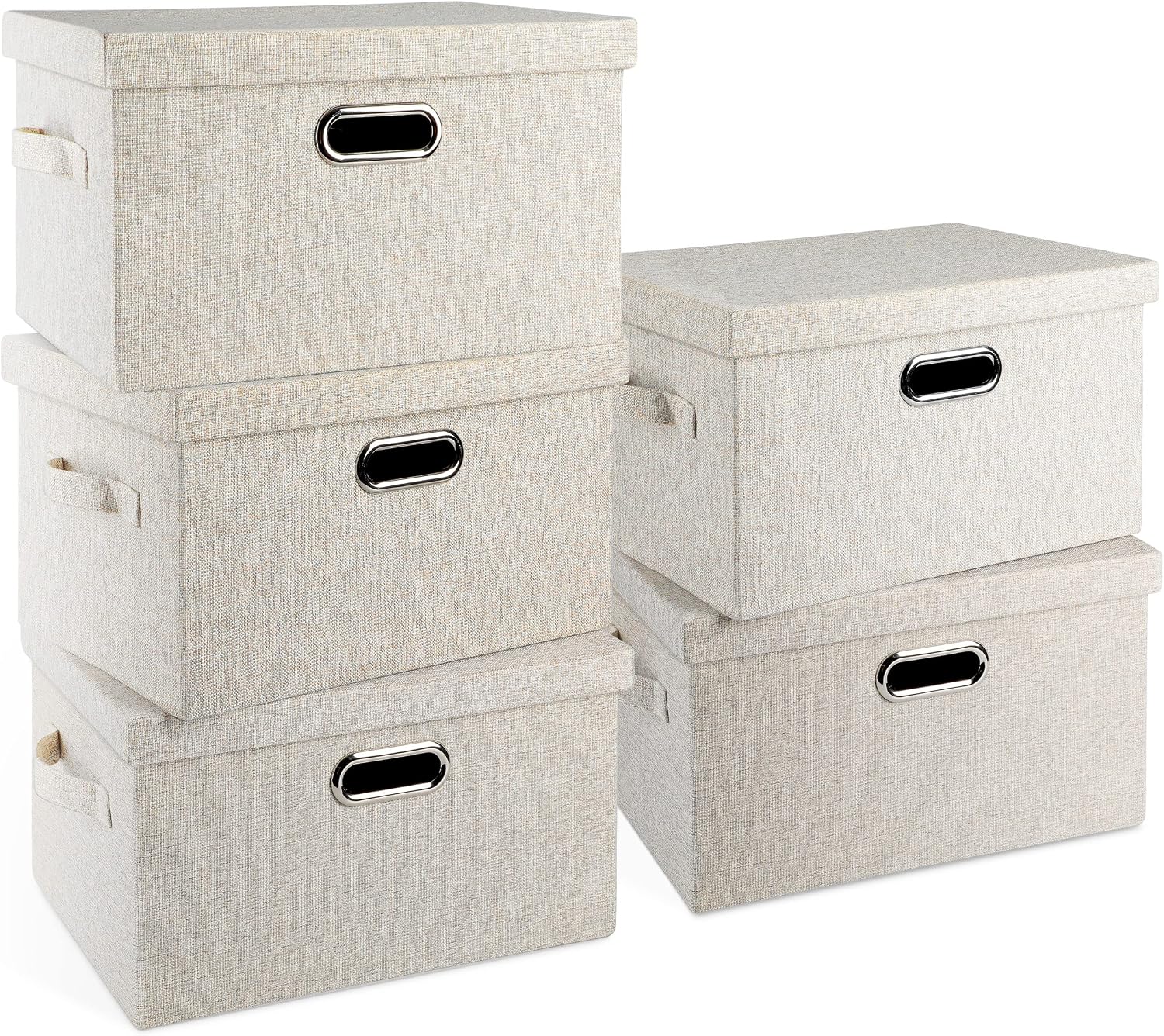 Graciadeco Large Quart Collapsible Stackable Storage Bins with Lids, 3 Packs Beige Linen Fabric Closet Boxes with Lids